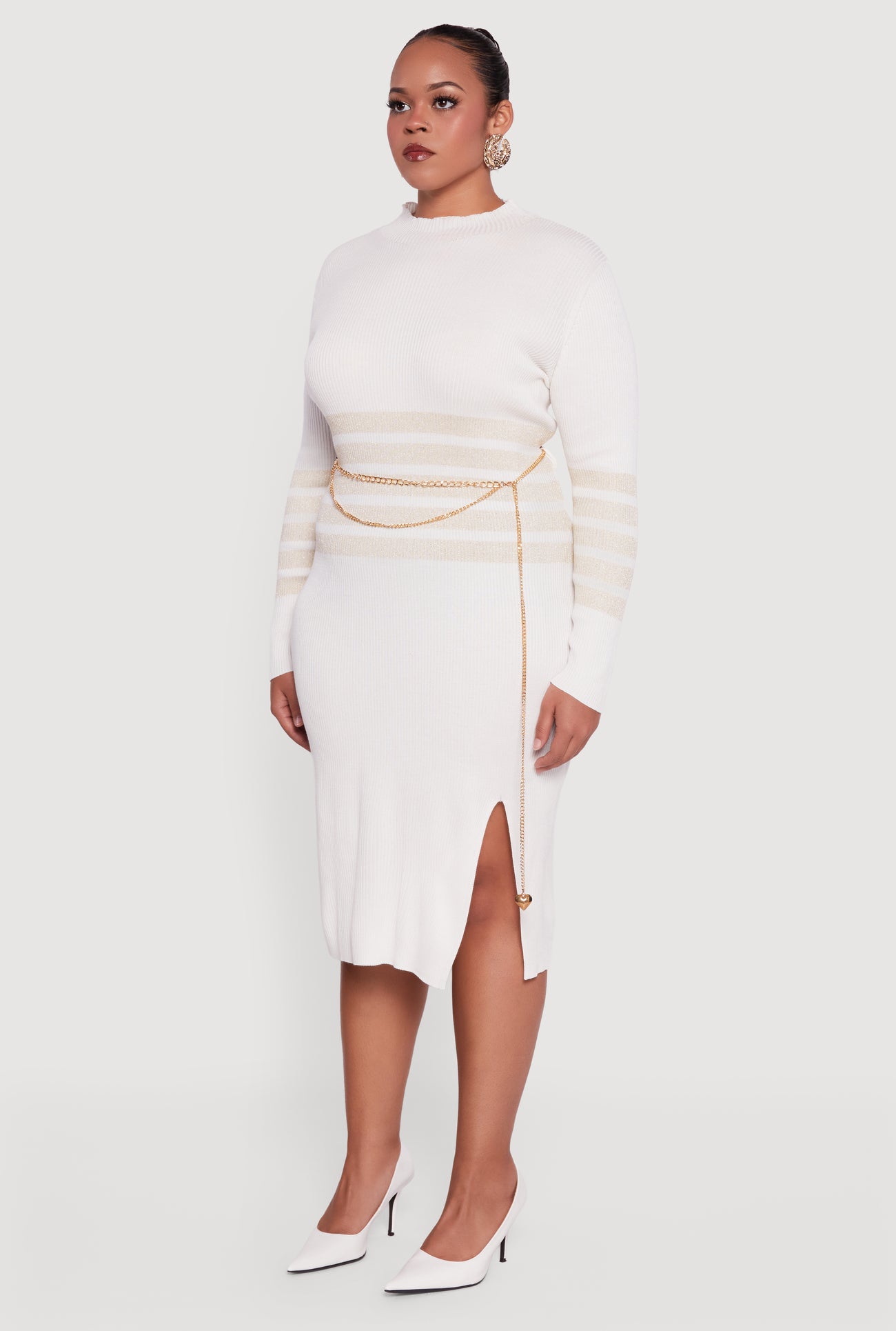 Plus Size Lurex Stripe Detail Sweater Dress with Chain Belt