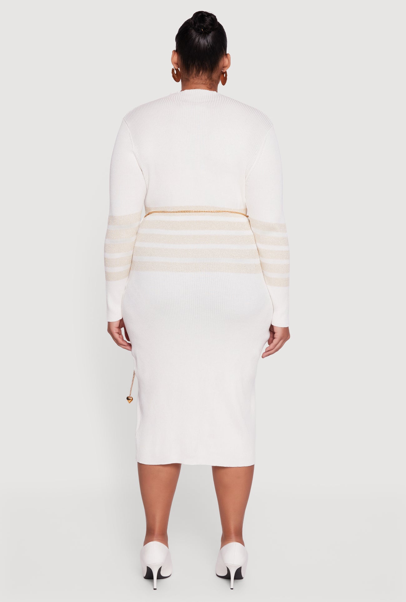 Plus Size Lurex Stripe Detail Sweater Dress with Chain Belt