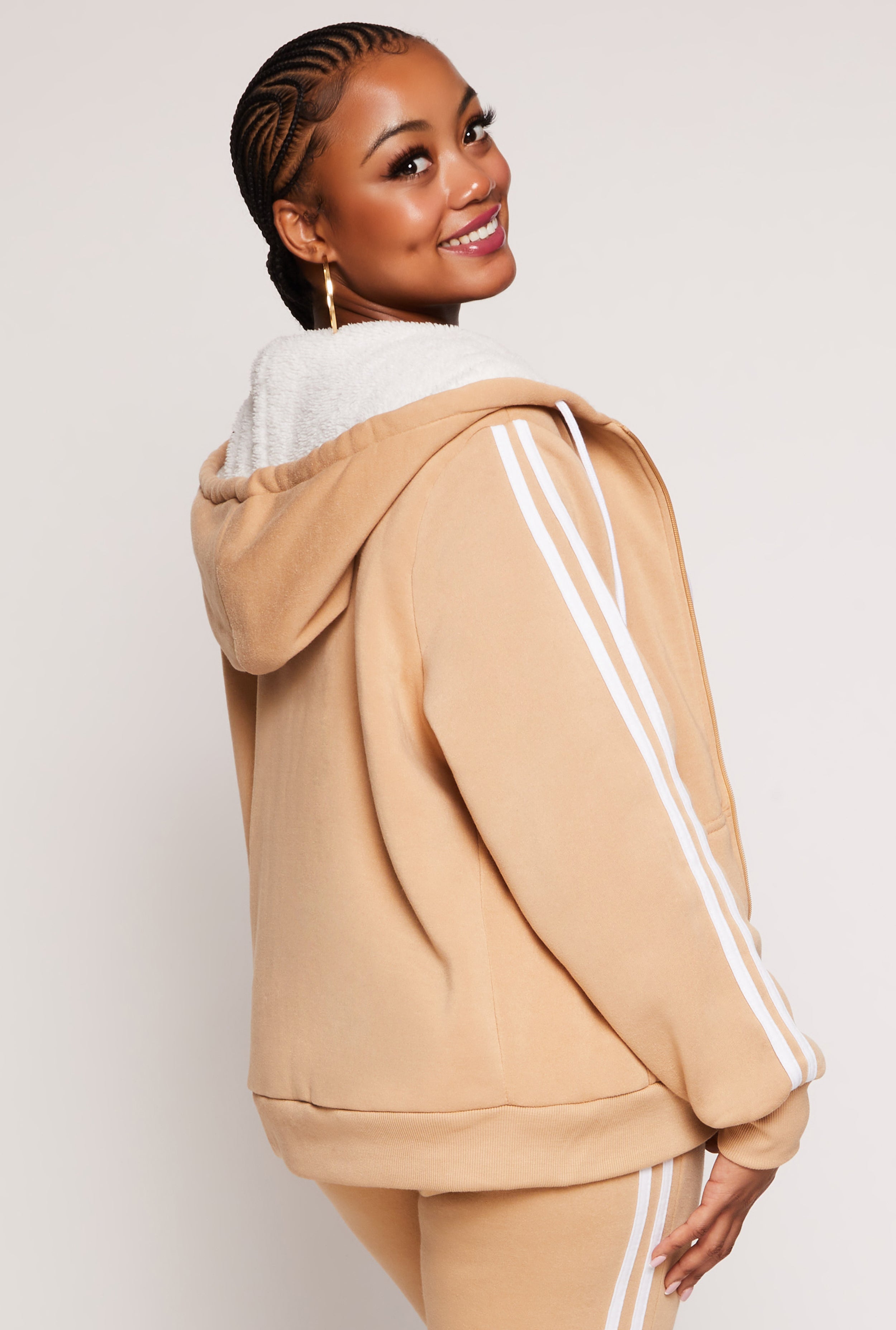 Plus Size Varsity Stripe Zip Front Sherpa Lined Hoodie