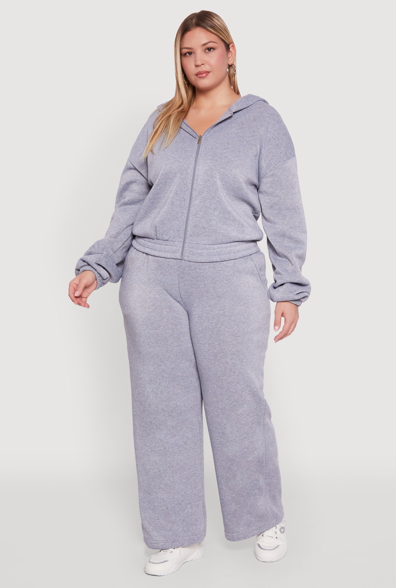 Plus Size Long Sleeve Zip Front Elastic Hem Hoodie