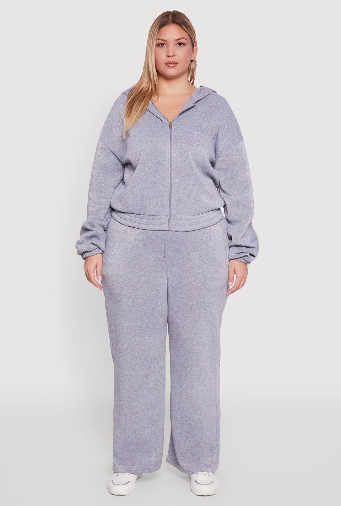 Plus Size Long Sleeve Zip Front Elastic Hem Hoodie