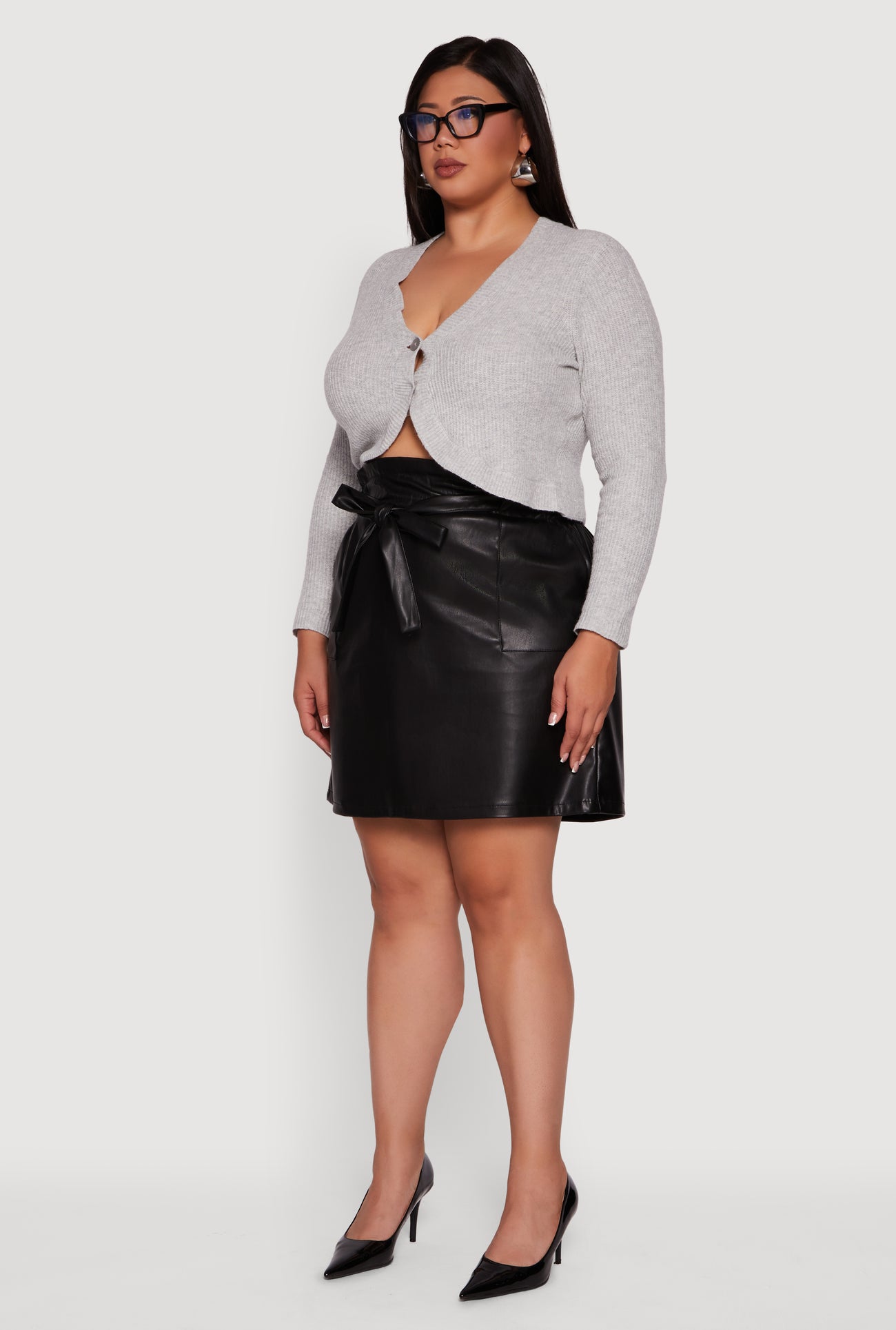 Plus Size High Waisted Faux Leather Skirt with Tie Waist Belt