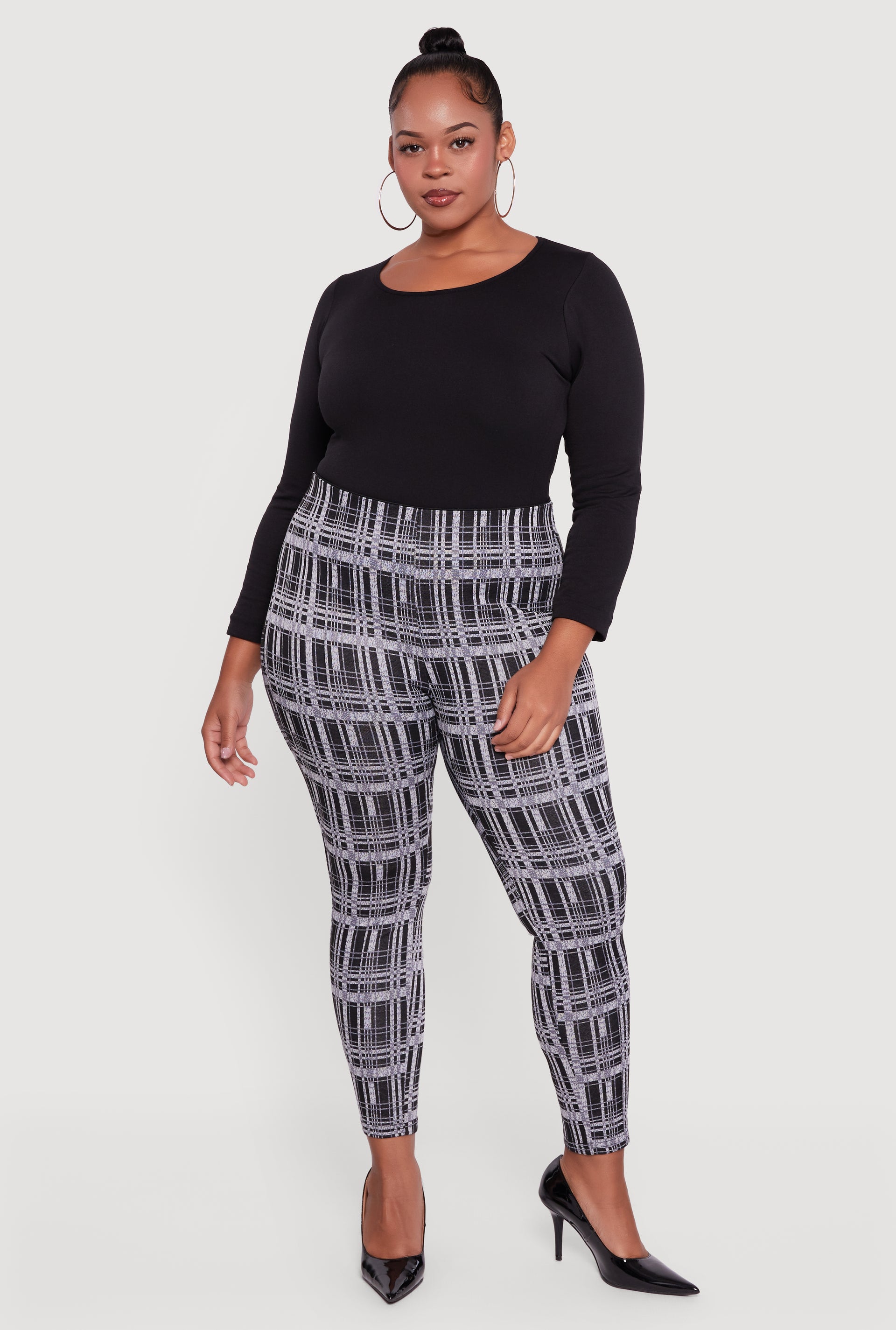 HOT ! Waist Plus Size Plaid Dress Pants Plus Size High Waisted Plaid Skinny  Pull On Pants BLACK 1X