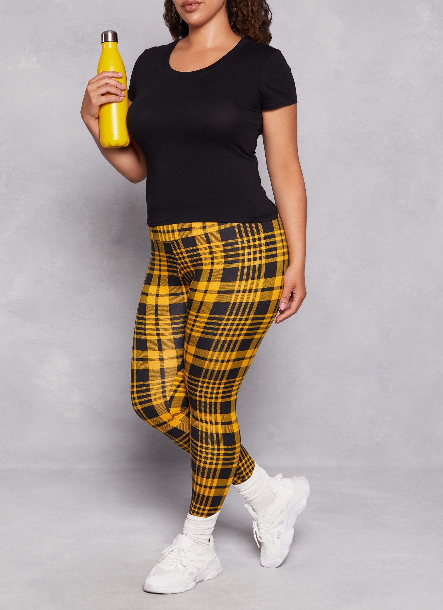 Plus Size Plaid Soft Knit High Waist Leggings gold