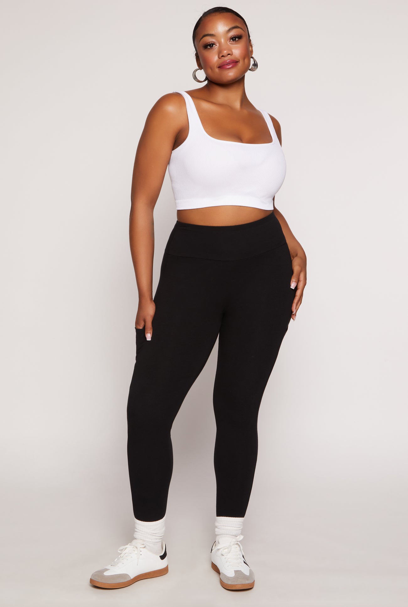 Plus Size Solid High Waist Cell Phone Pocket Leggings