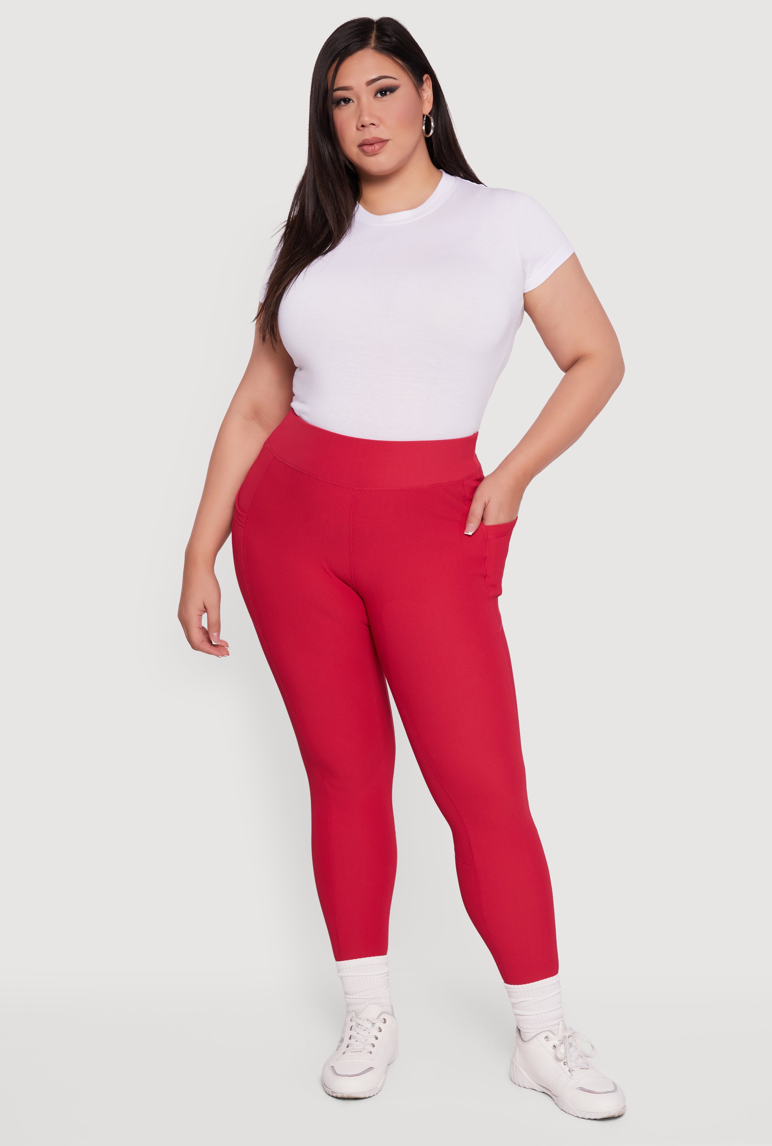 Plus Size Rib Knit Leggings with Cell Phone Pocket