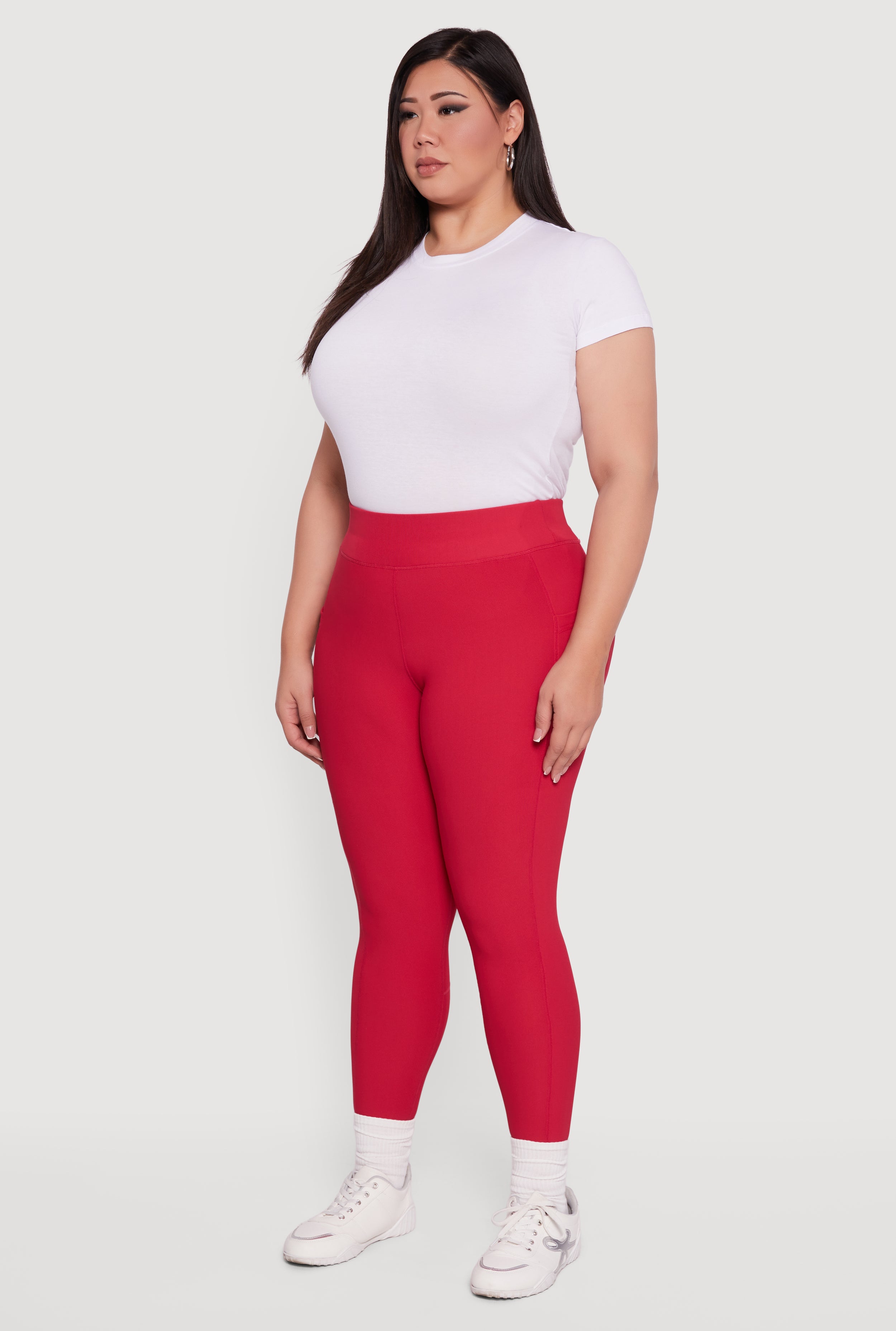 Plus Size Rib Knit Leggings with Cell Phone Pocket
