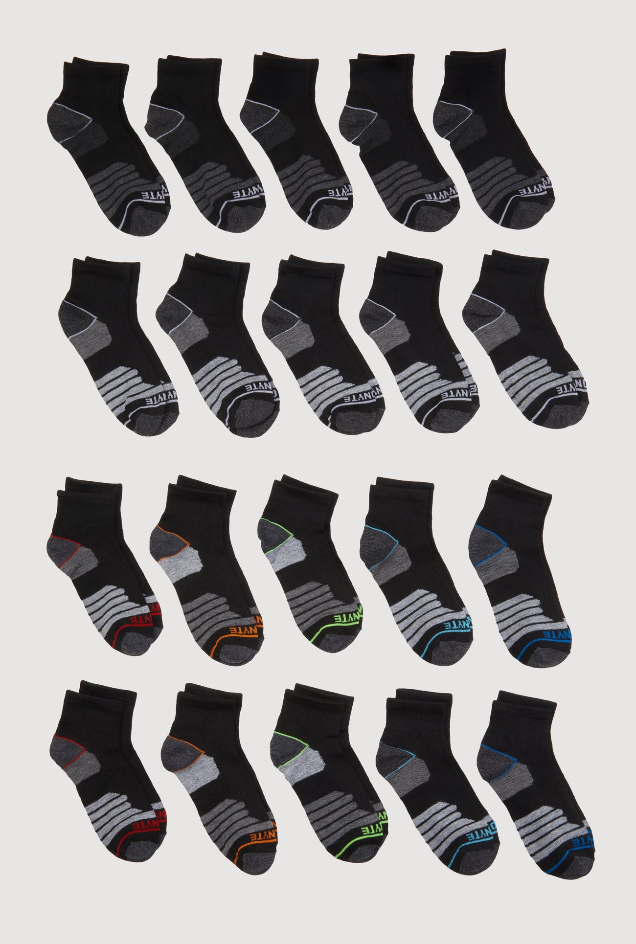 Boys Assorted Color Block Quarter Socks 20 Pack