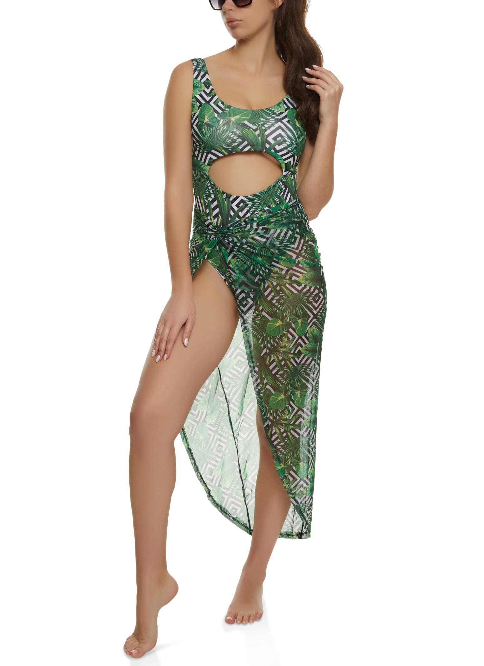 Cut Out One Piece Swimsuit and Sarong Set - Green