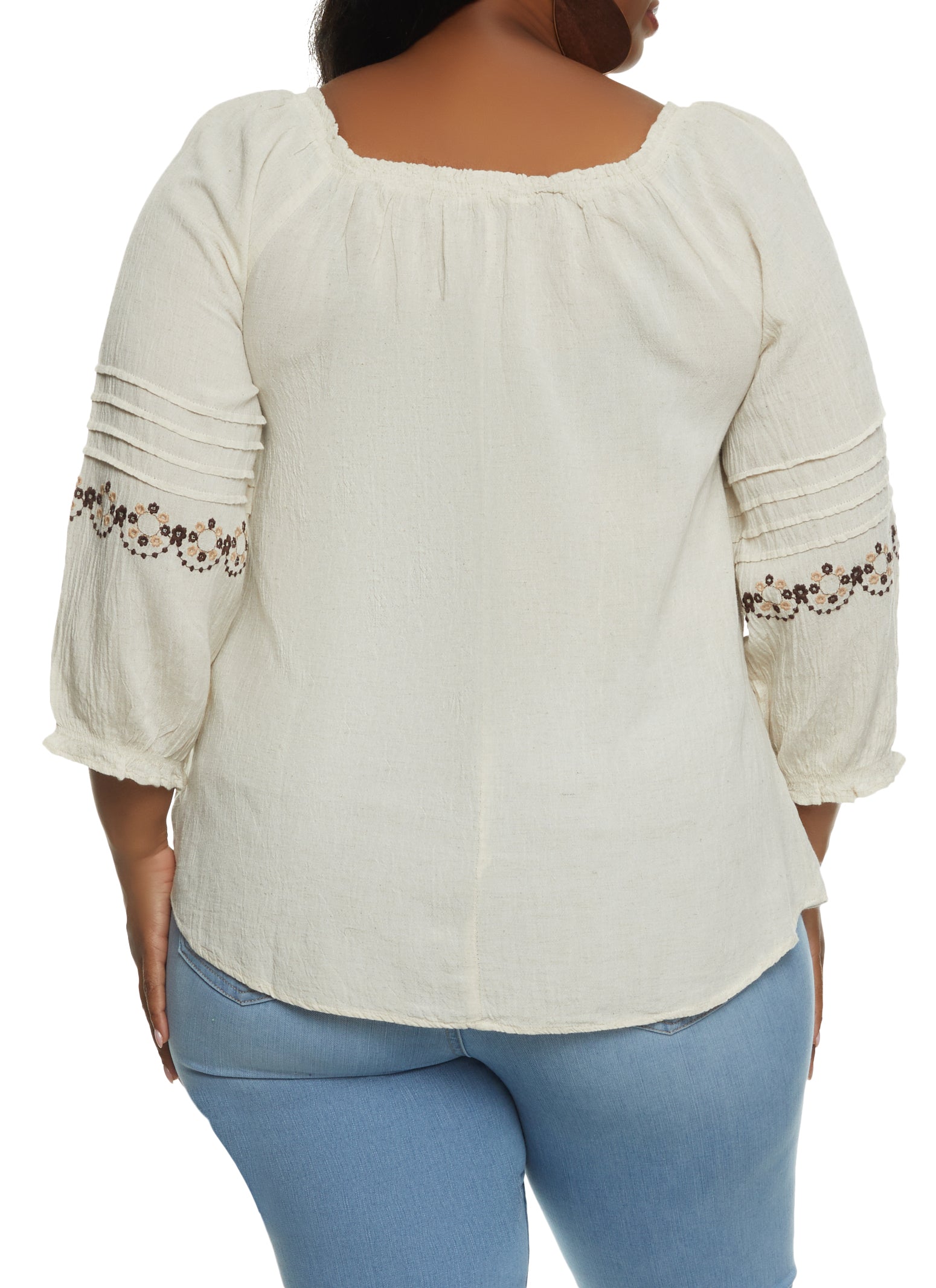 Plus Size Linen Keyhole Puff Sleeve Peasant Top