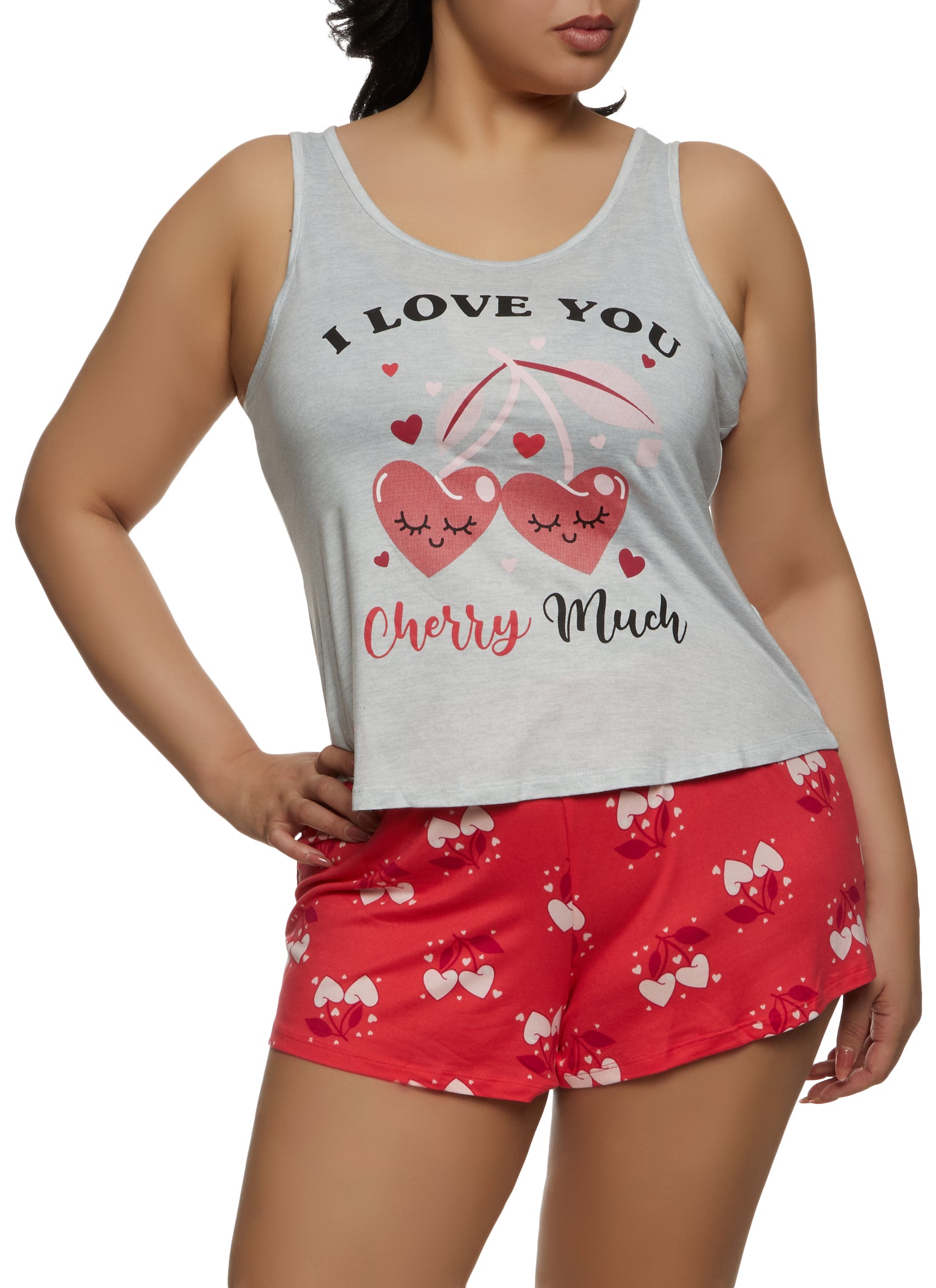 Plus Size I Love You Cherry Much Graphic Tank Top and Shorts - Heather