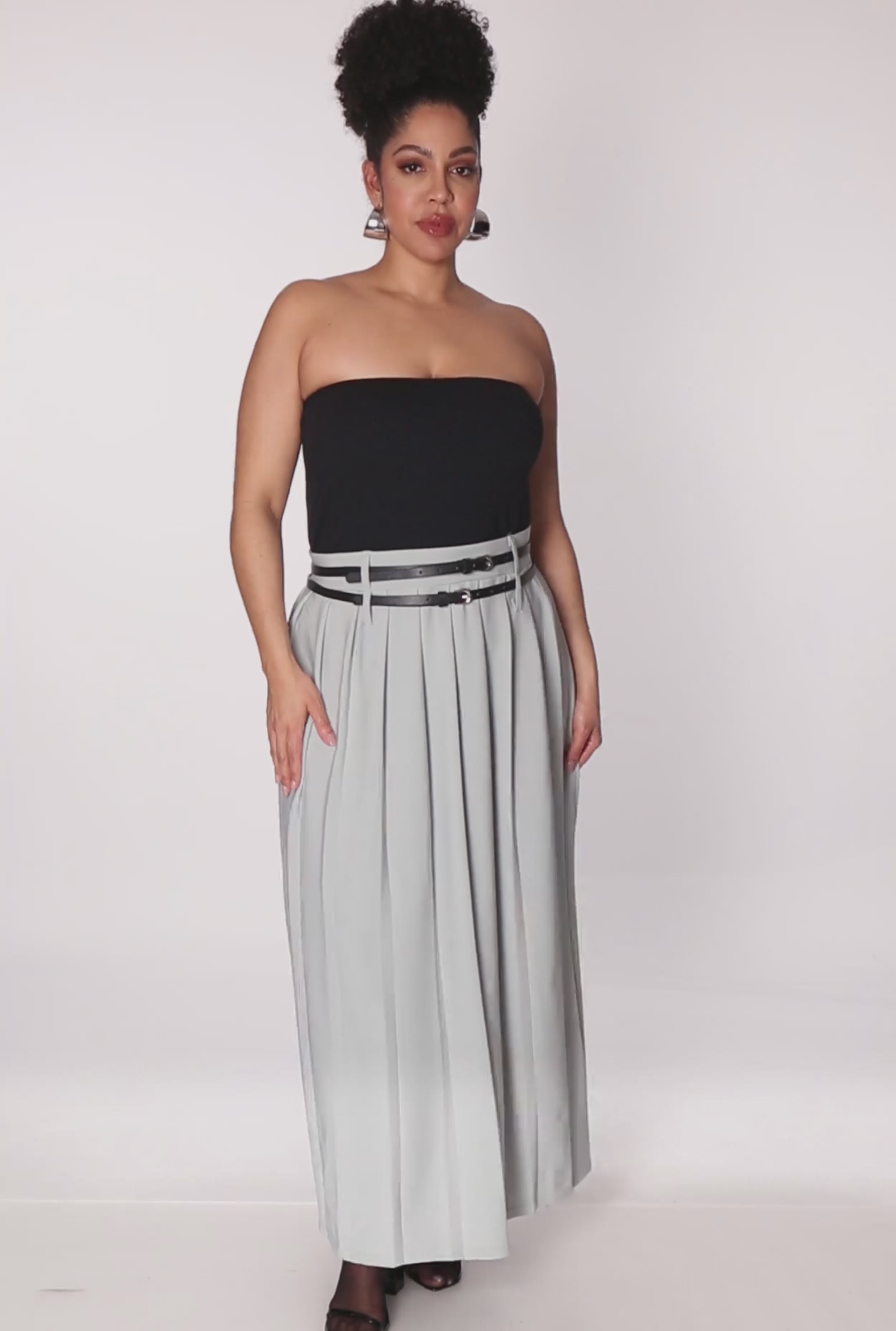 Plus Size Double Belted Side Slit Pleated Skirt