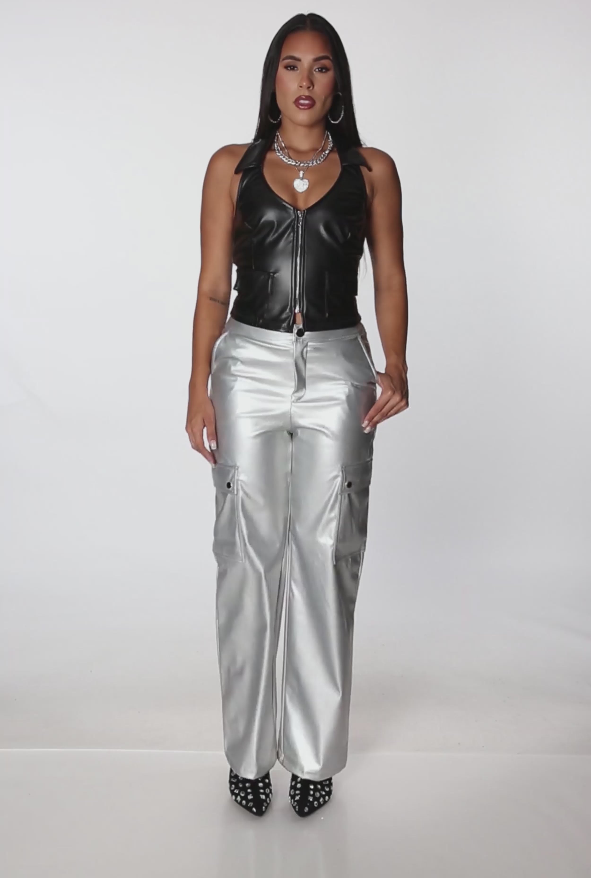 Silver Metallic Pants - Vegan Leather Pants - Straight Leg