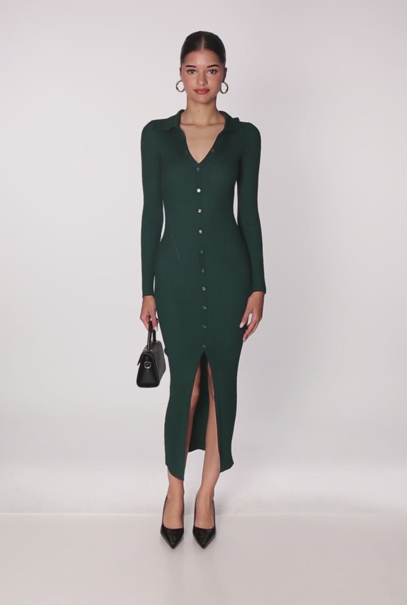 open lace back dress Rib Knit Button Detail Long Sleeve Slit Front Dress
