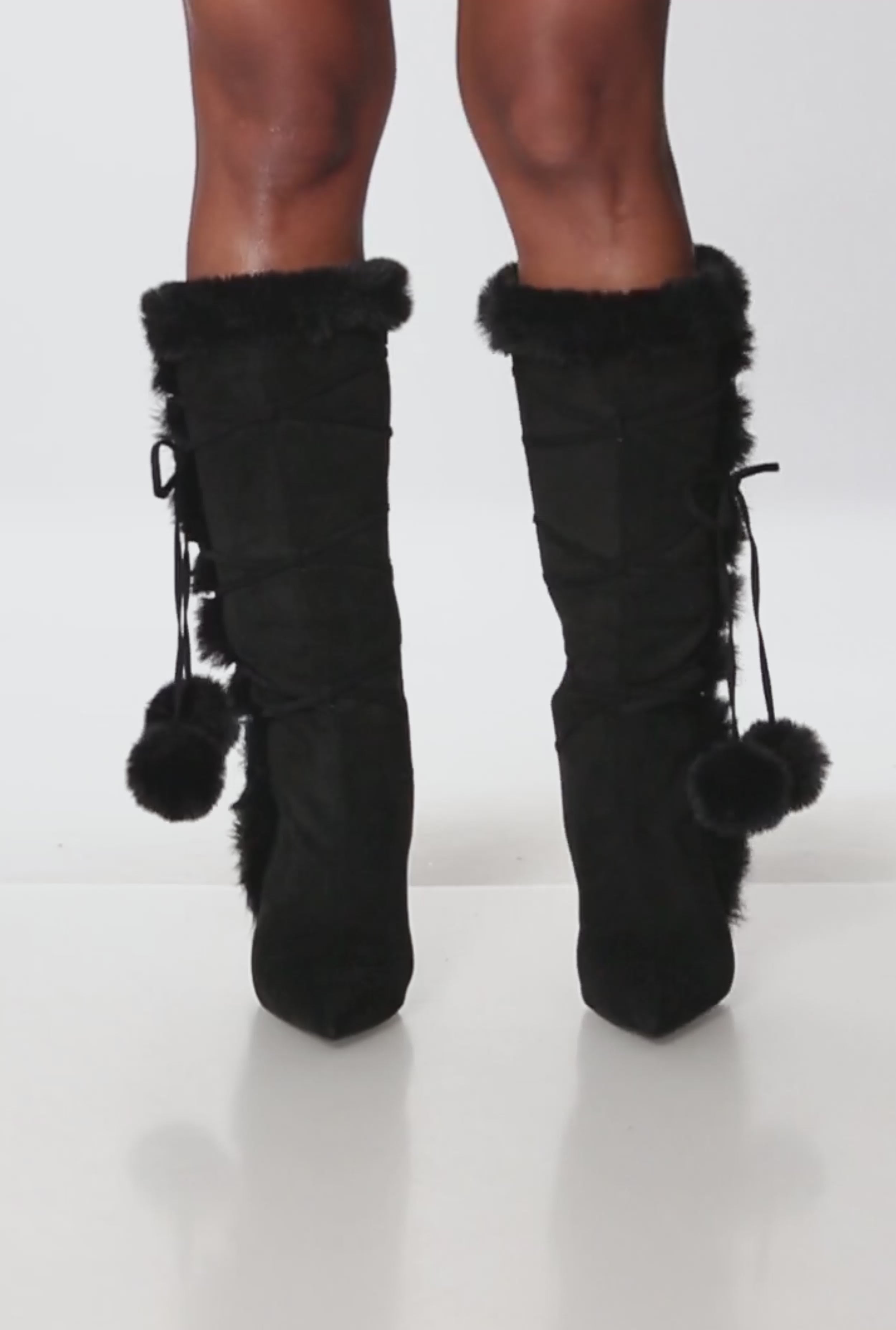 Side Zip Faux Fur Pom Pom Stiletto Boots