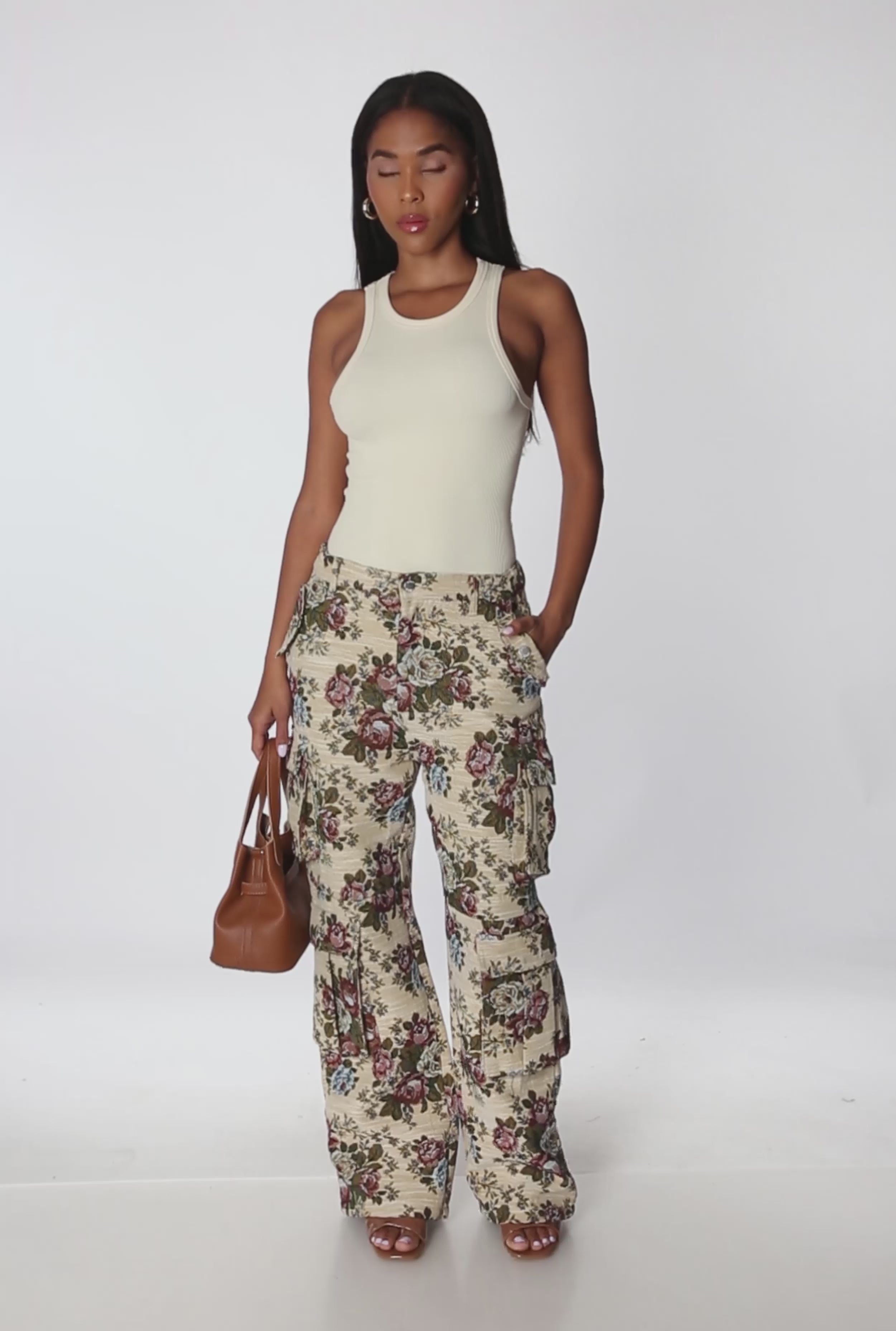 Floral Jacquard Wide Leg Utility Pants