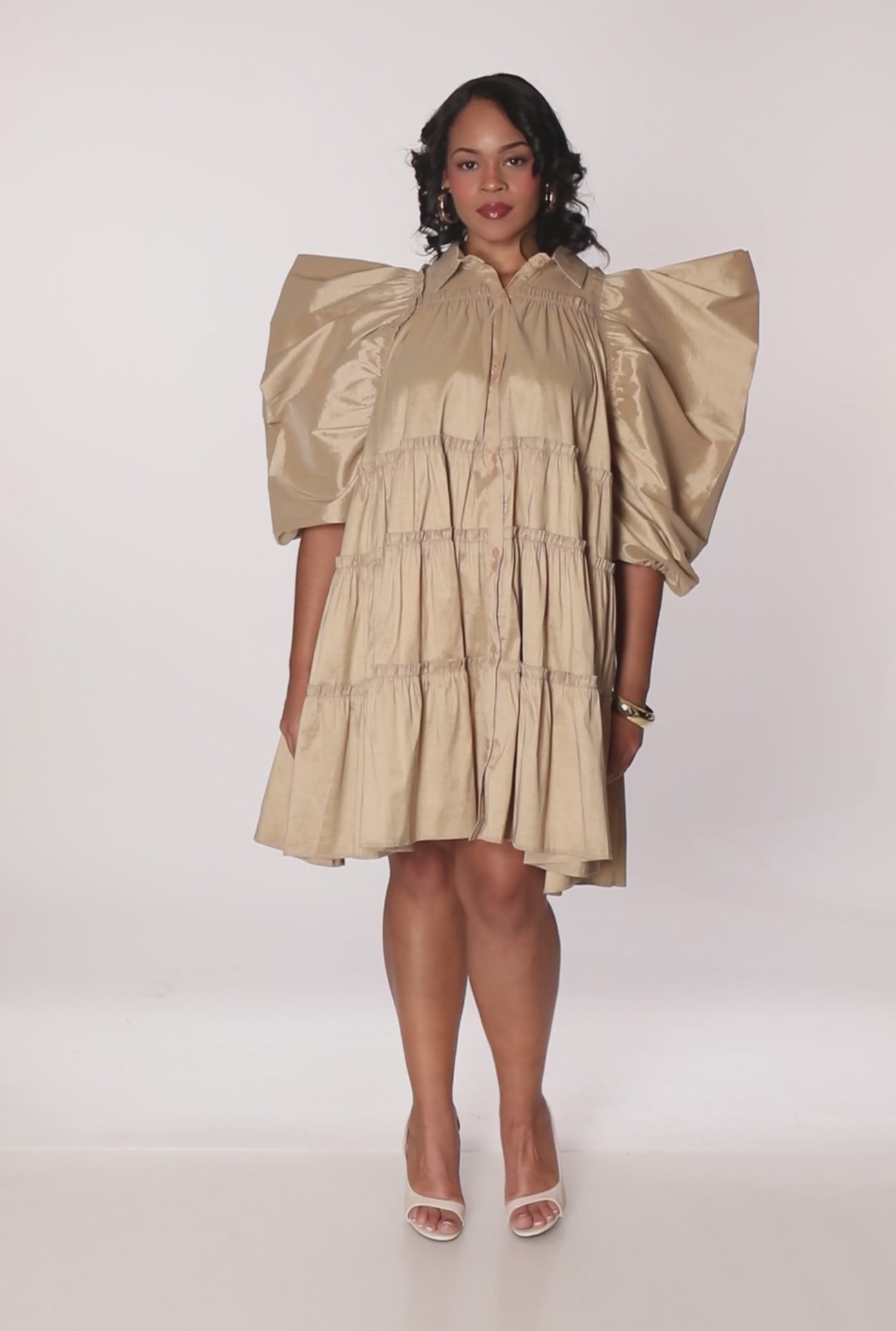 beige dress puff sleeve Heath Puff Sleeve Midi Dress main image 0