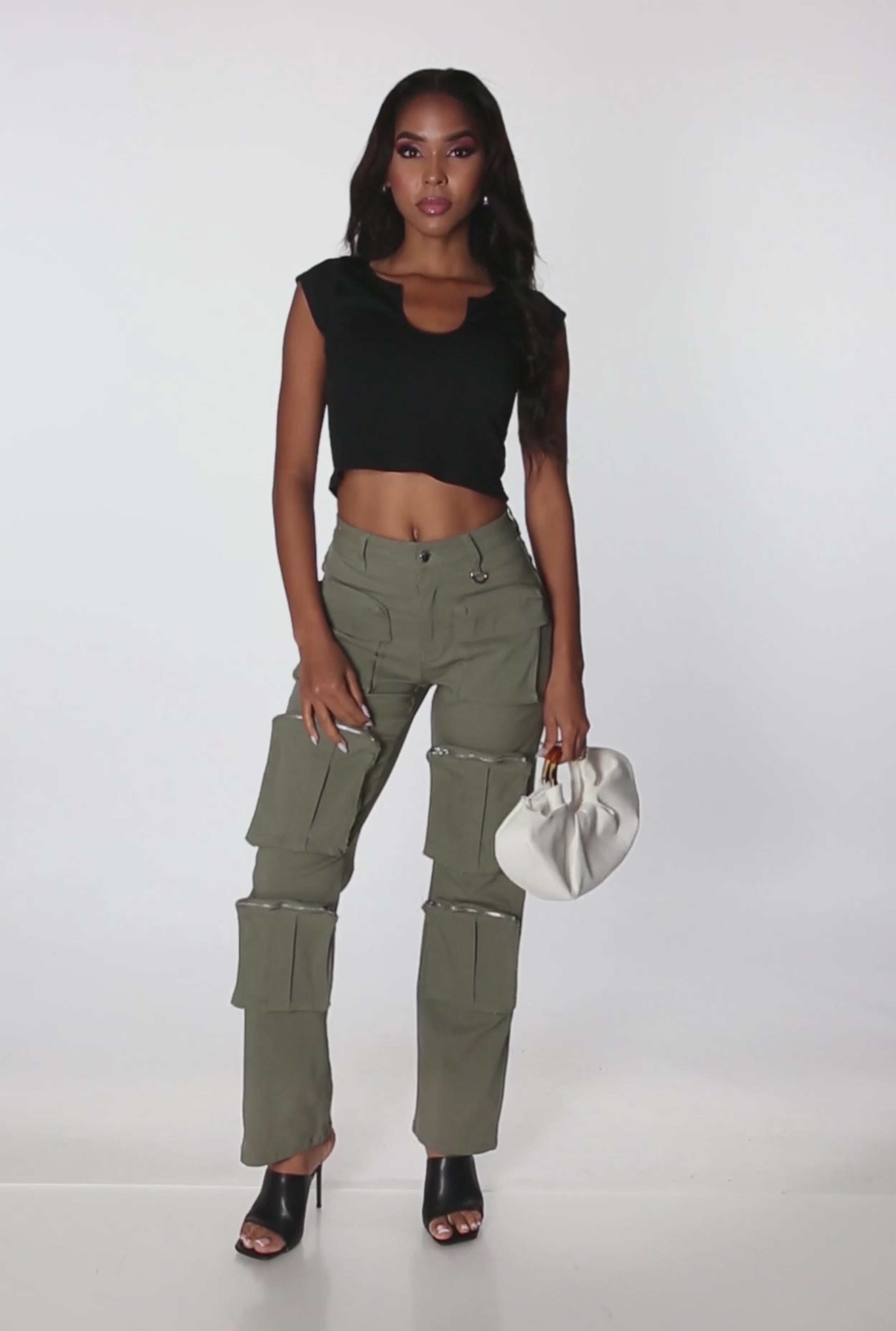 Stretch High Waisted Wide Leg Cargo Pants
