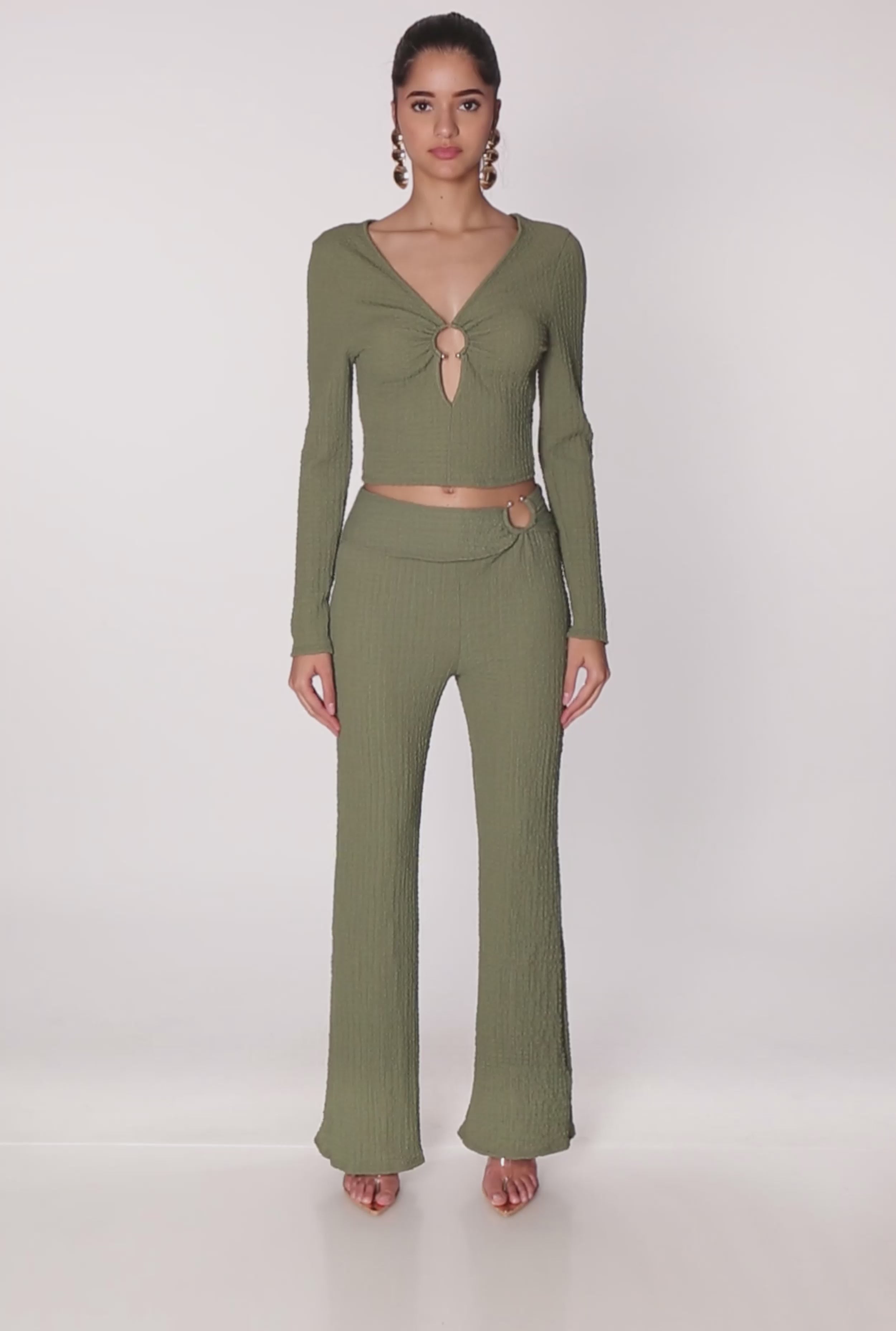 Textured Knit O Ring Waist Flare Pants olive Rainbow Shops Bottoms