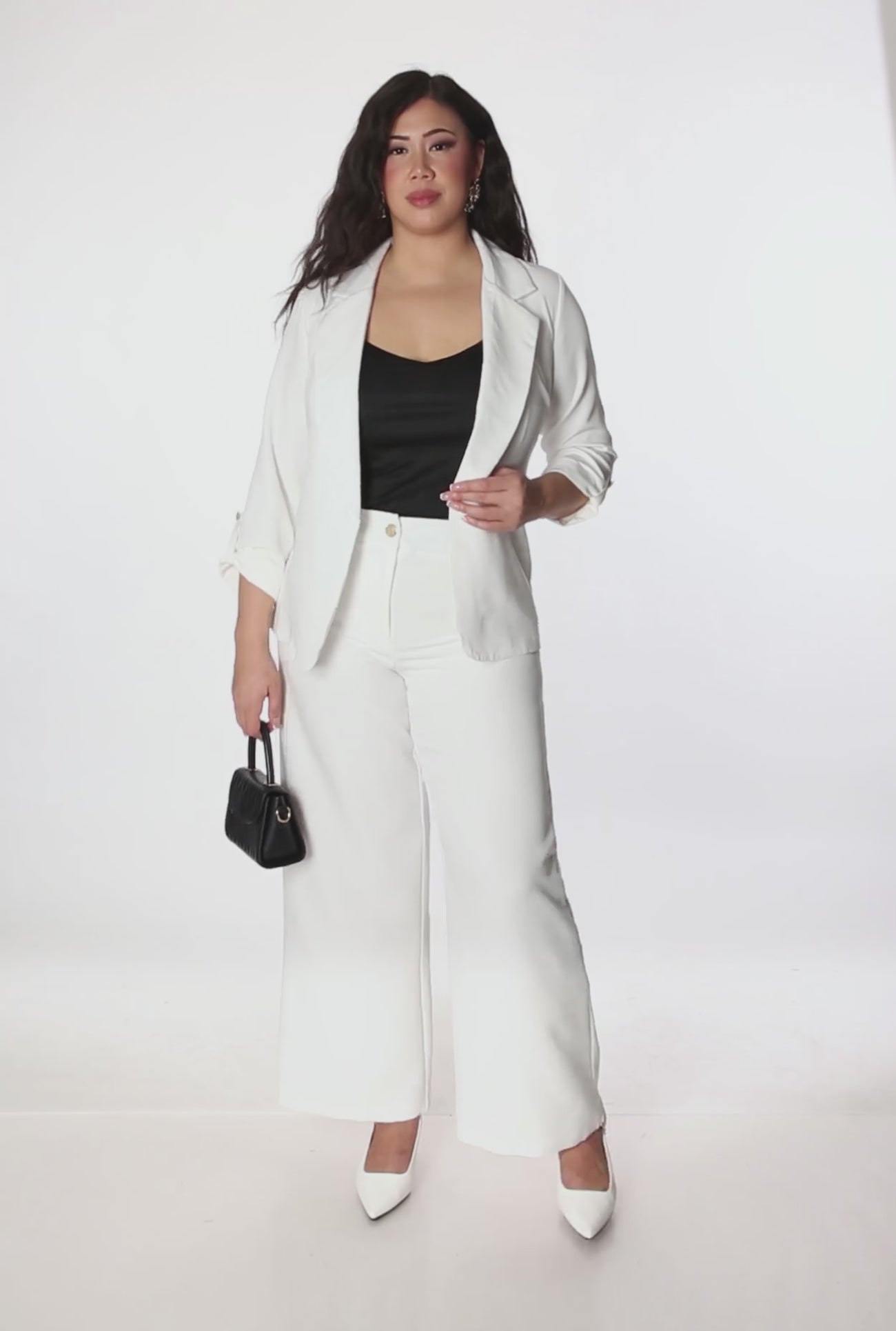 Plus Size Crepe Knit Tabbed Sleeve Open Front Blazer