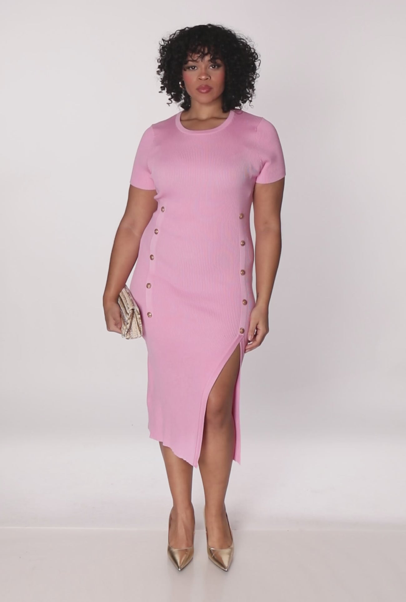 Plus Size Rib Knit Button Detail Side Slit Midi Dress