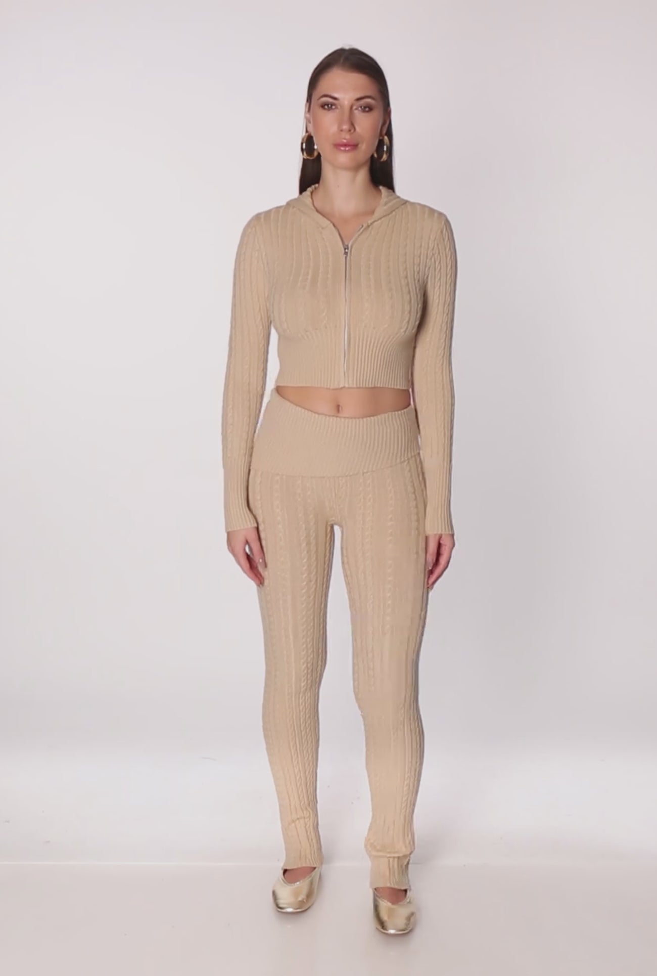 Cable Knit Cropped Zip Front Hoodie
