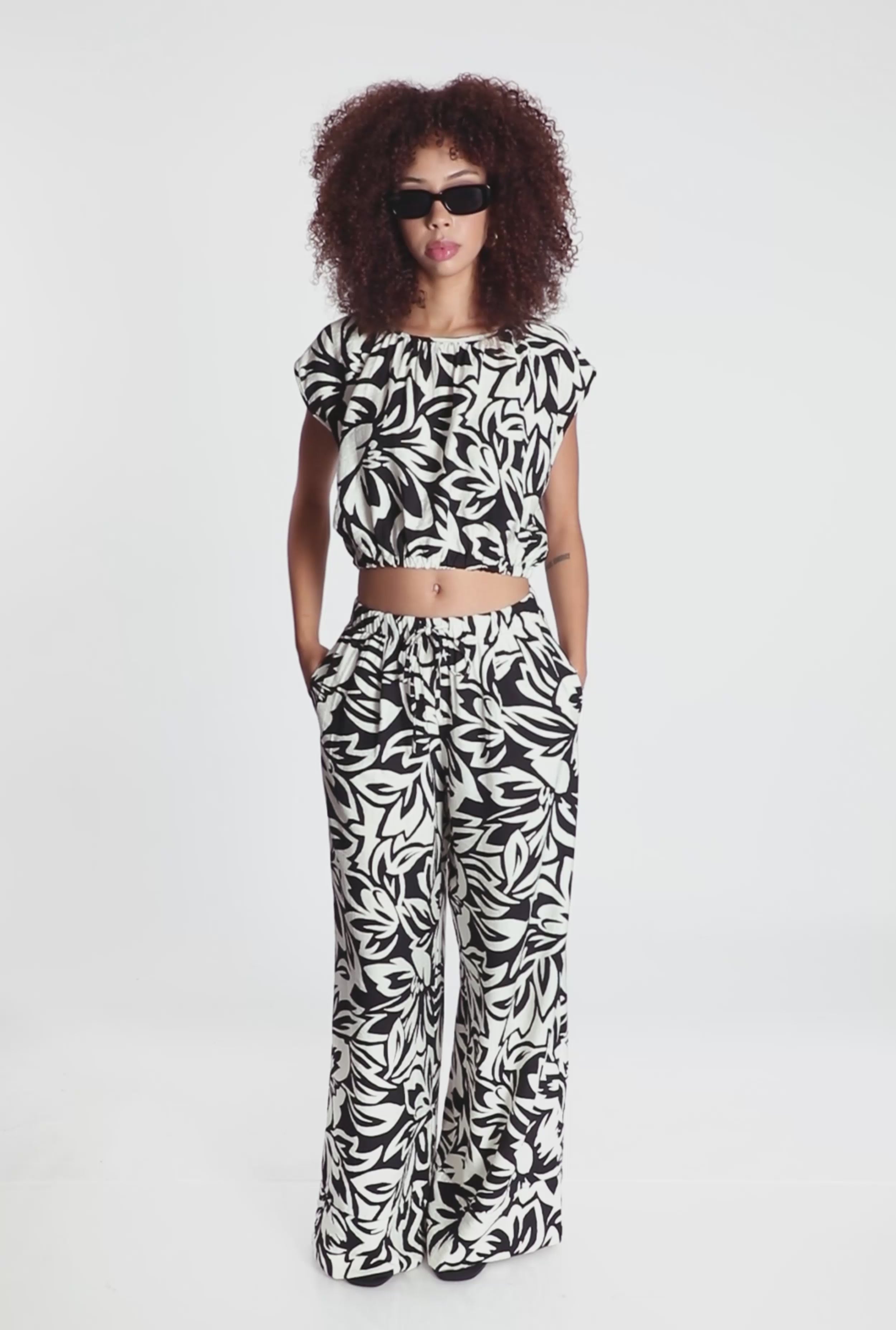 Crepe Knit Floral Palazzo Pants with Drawstring Waist