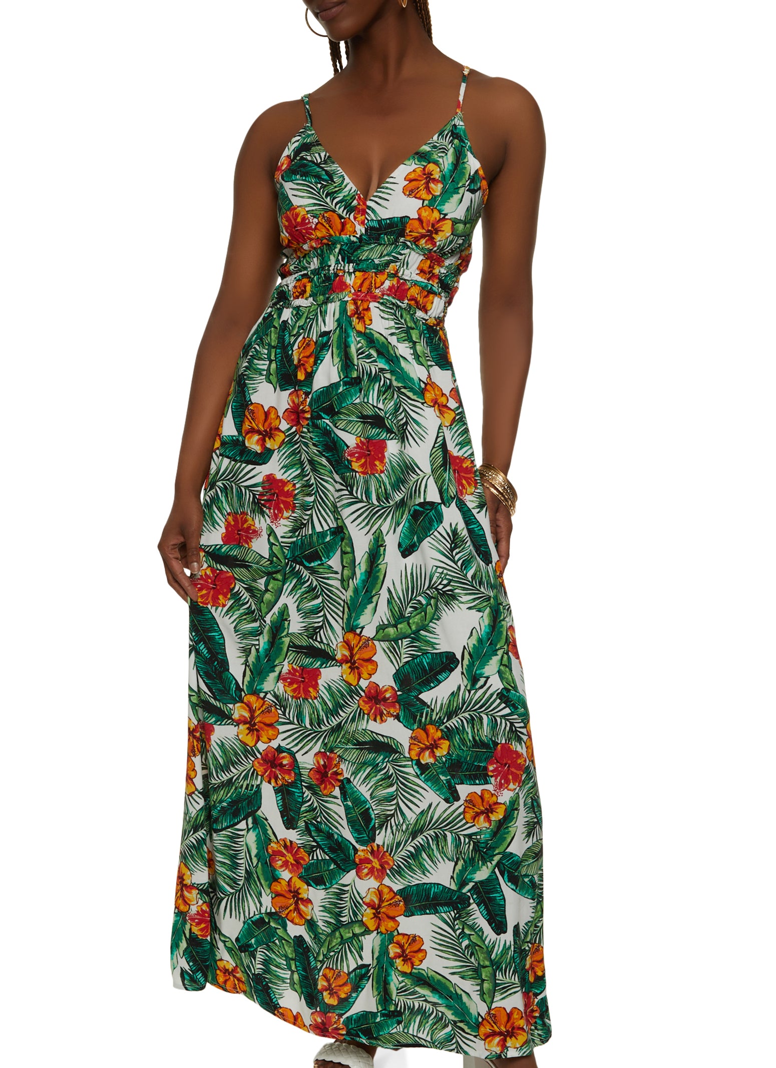 Tropical Print Ruched Waist Maxi Dress