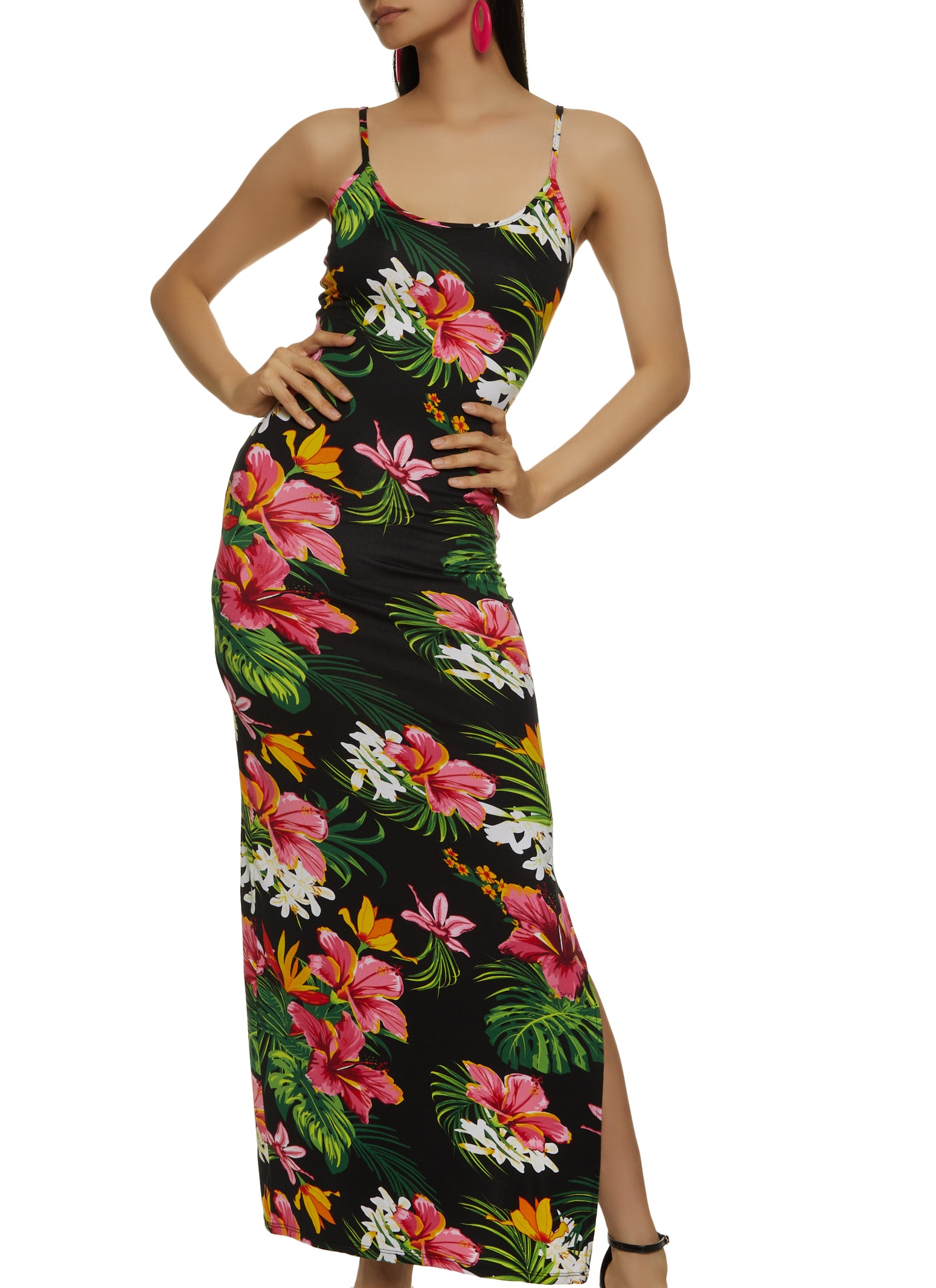Tropical Print Side Slit Cami Dress