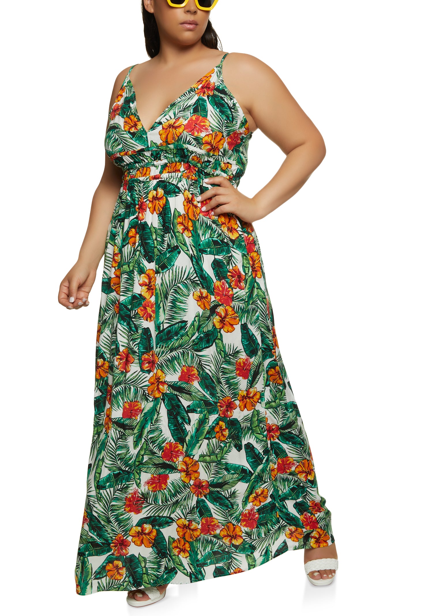 Plus Size Tropical Print Ruched Waist Maxi Dress