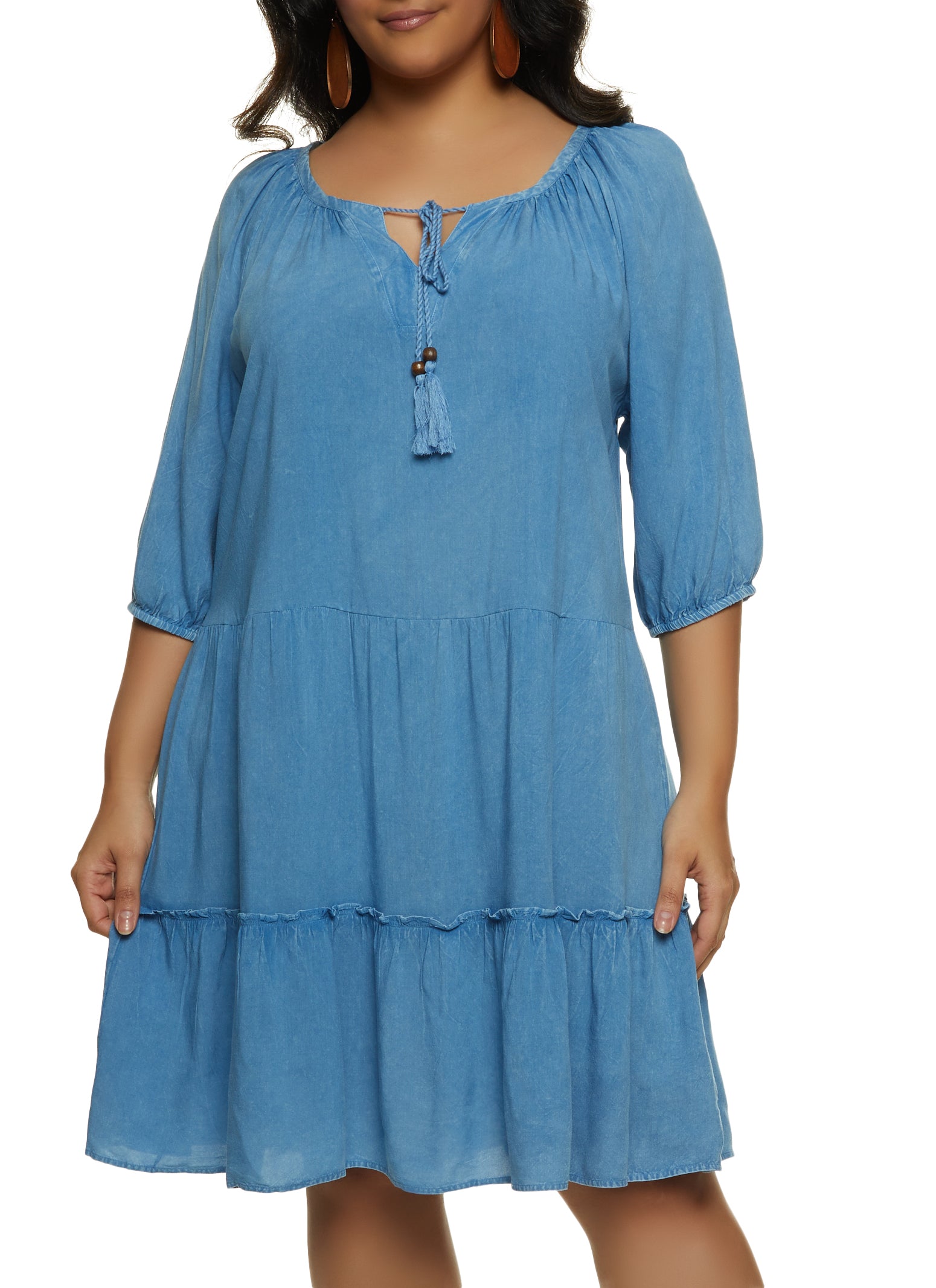 Plus Size Tassel Tie Neck Tiered Peasant Dress