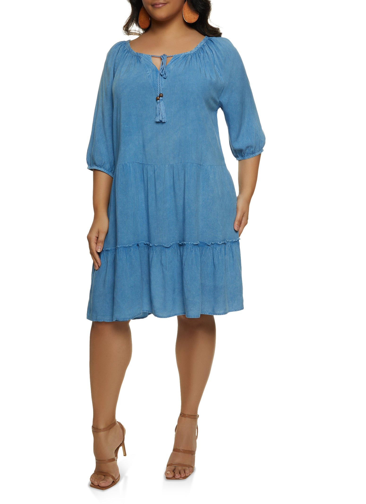 Plus Size Tassel Tie Neck Tiered Peasant Dress