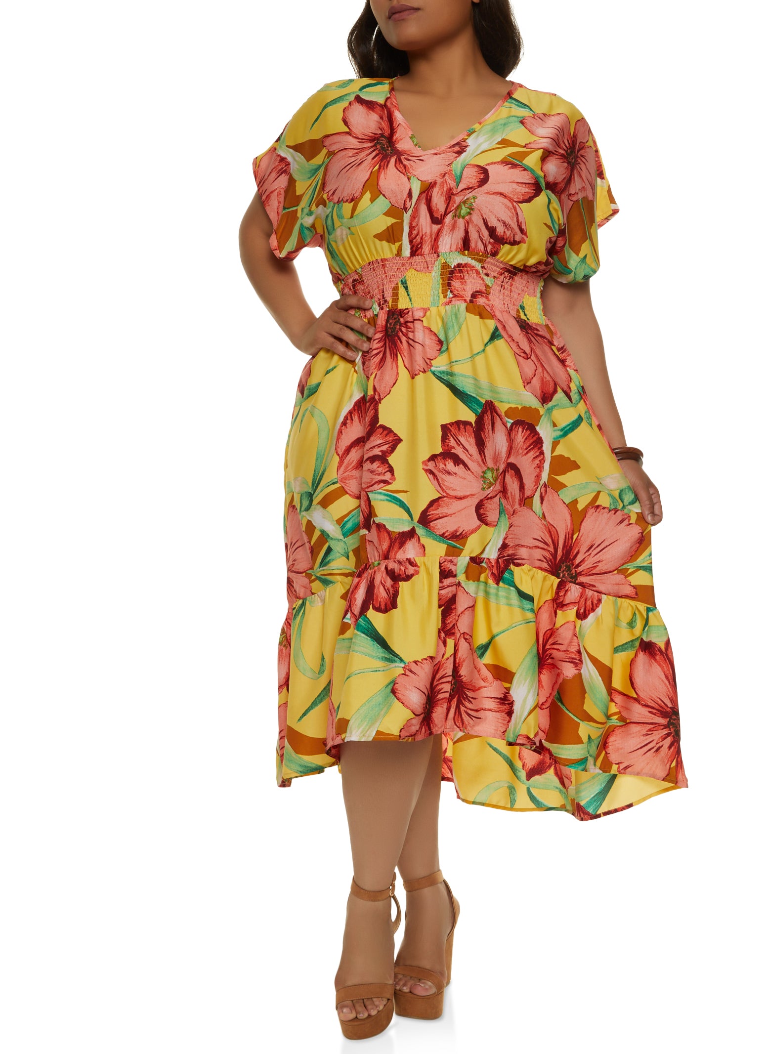 Plus Size Tropical Floral Print Smocked Empire Waist Dress
