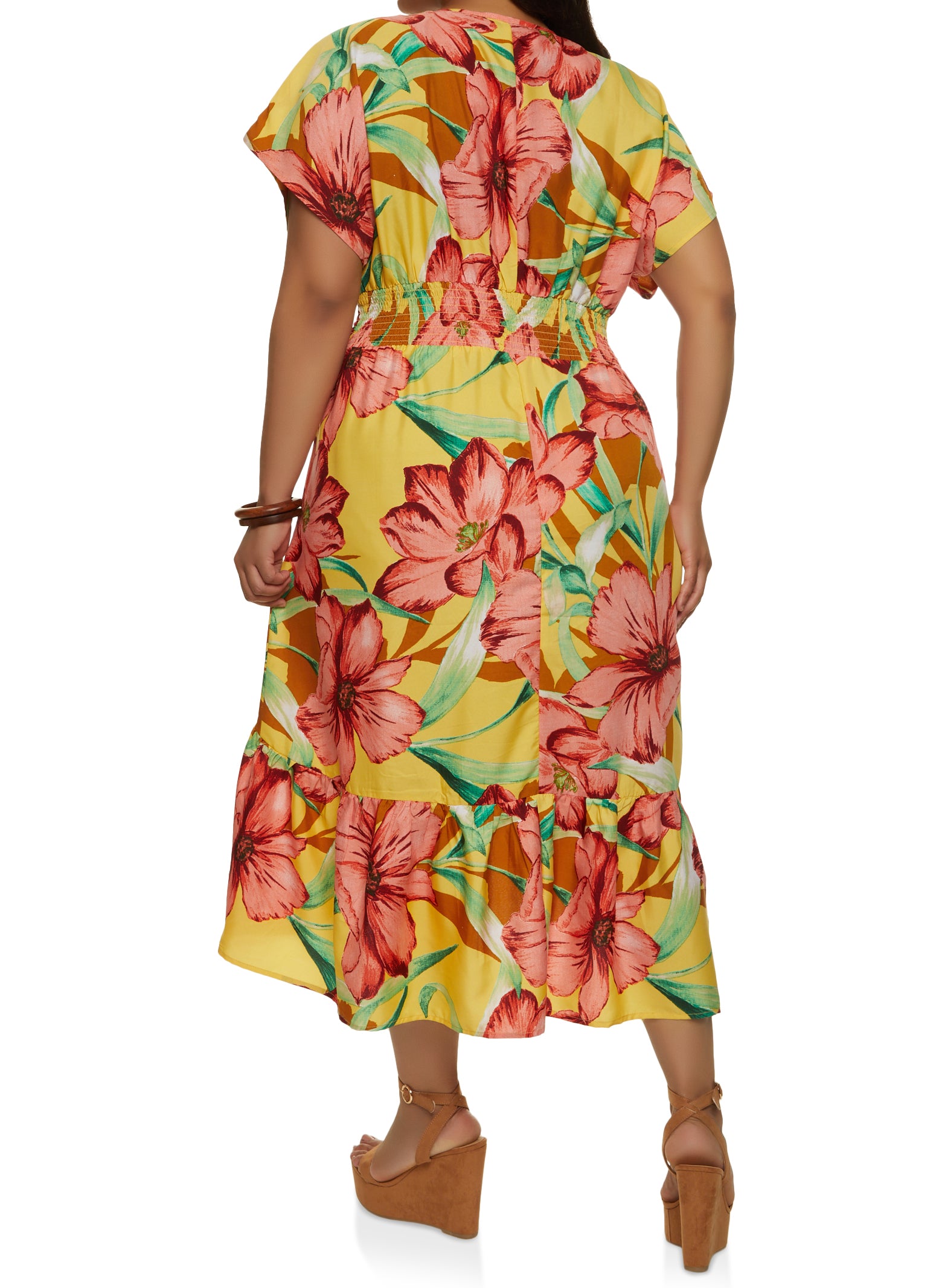 Plus Size Tropical Floral Print Smocked Empire Waist Dress