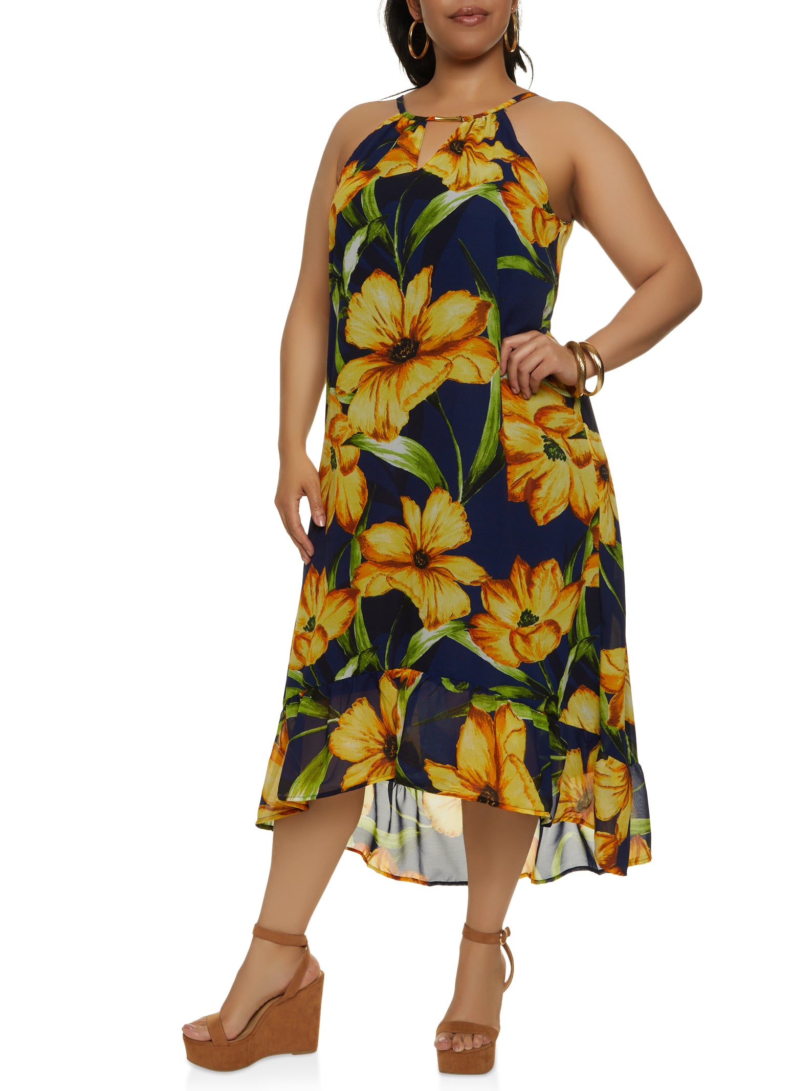 Plus Size Floral Print High Neck Shift Dress