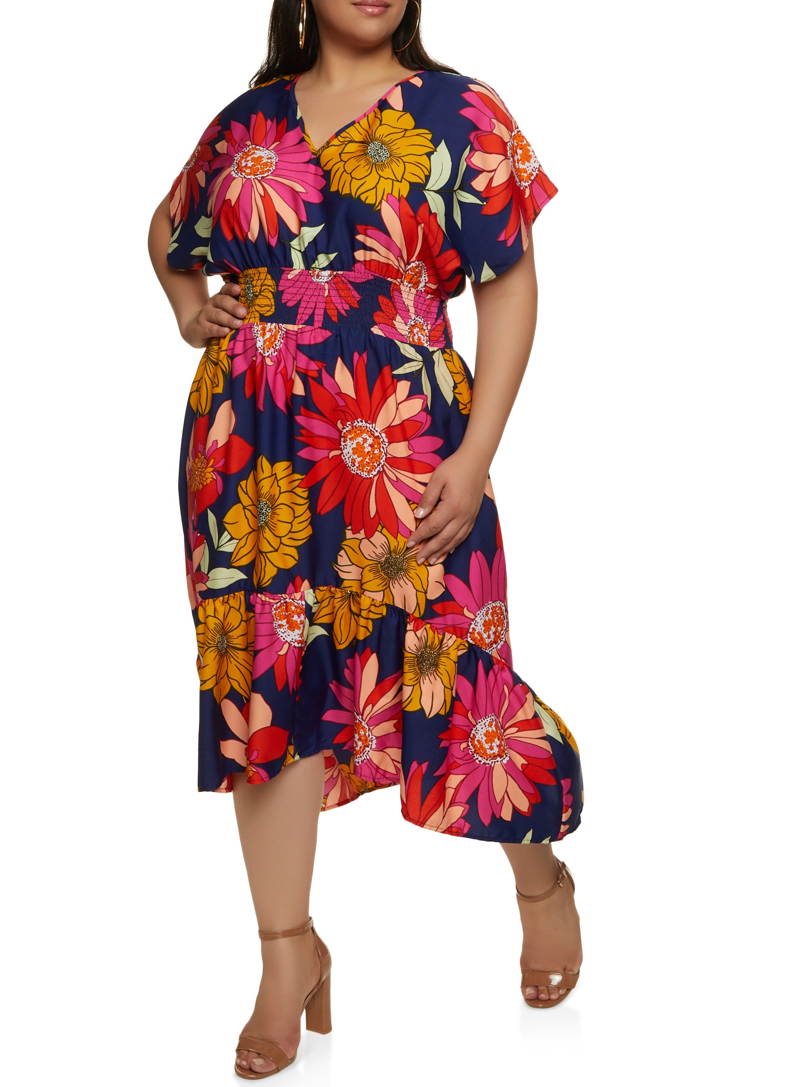 Plus Size Floral Smocked Waist High Low Dress