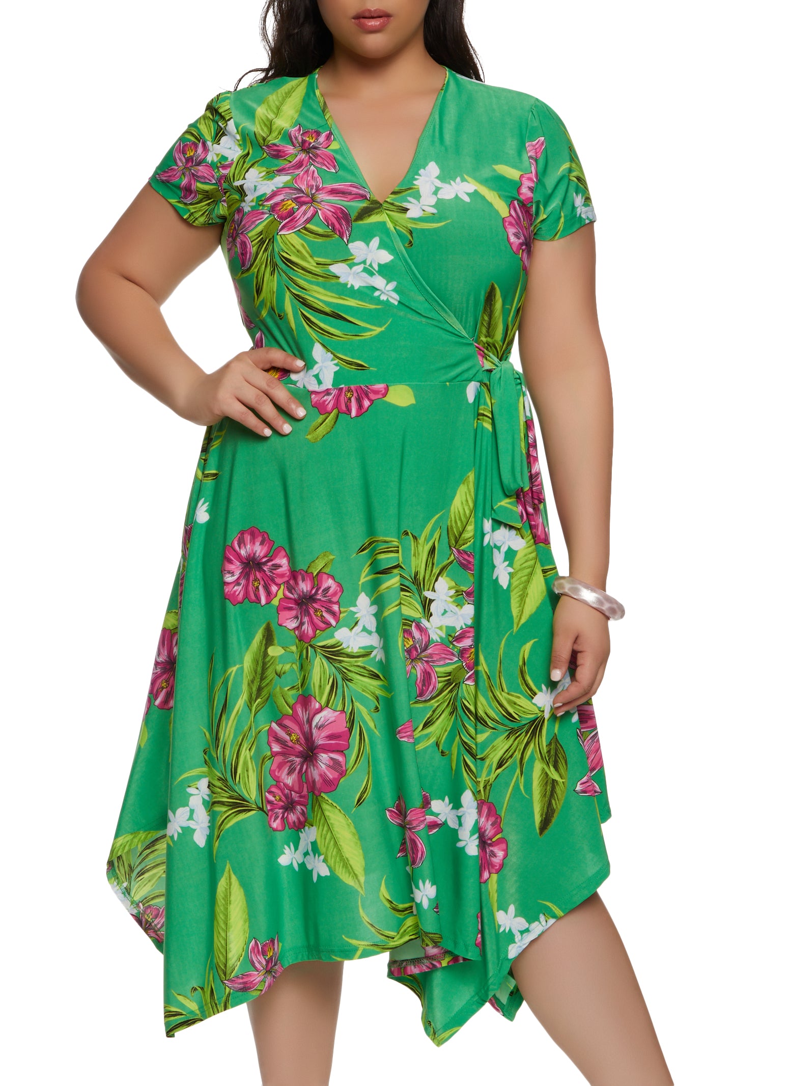 Plus Size Tropical Print Tie Waist Wrap Dress