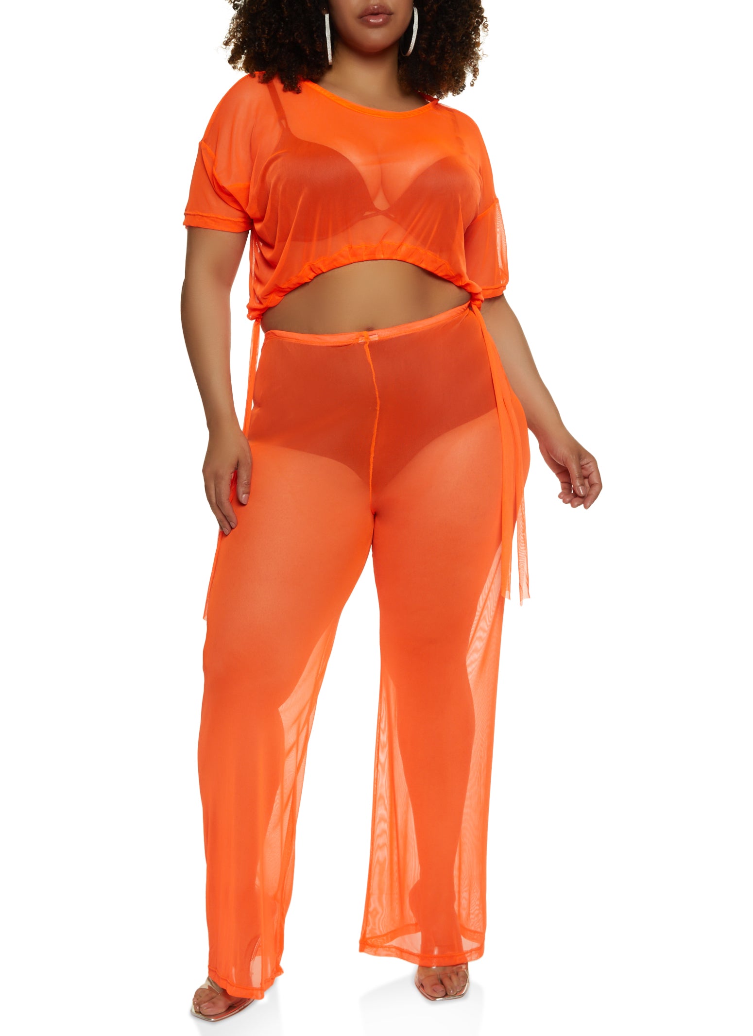 Plus Size Mesh Flare Pants - Orange