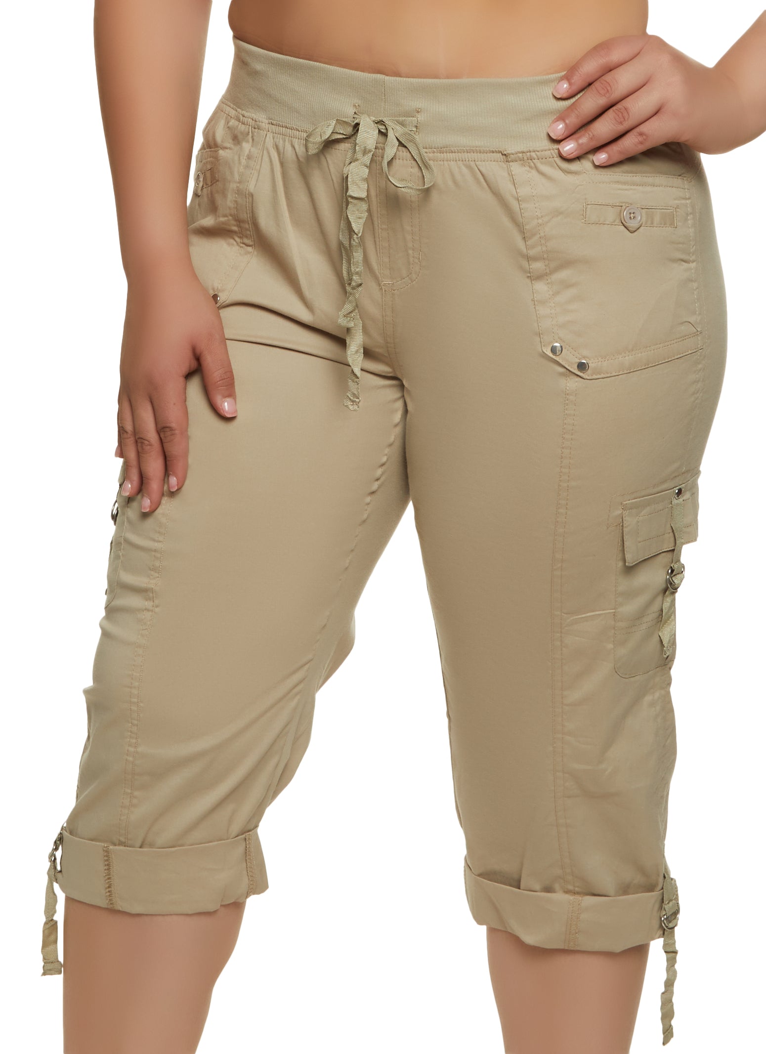 Plus Size Cuffed Cargo Capri Pants - Khaki