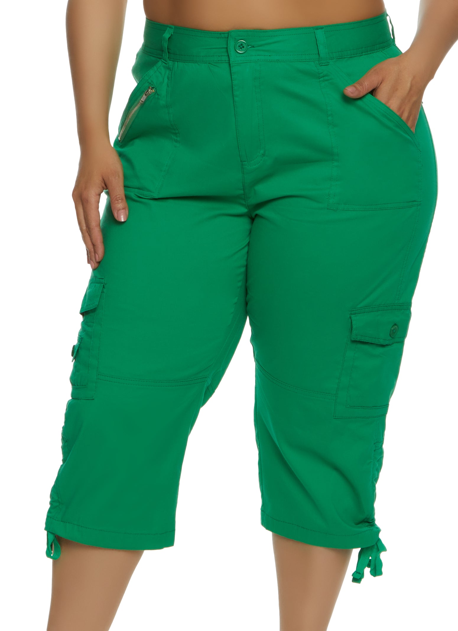 Plus Size Zip Pocket Detail Tie Cuff Capri Pants