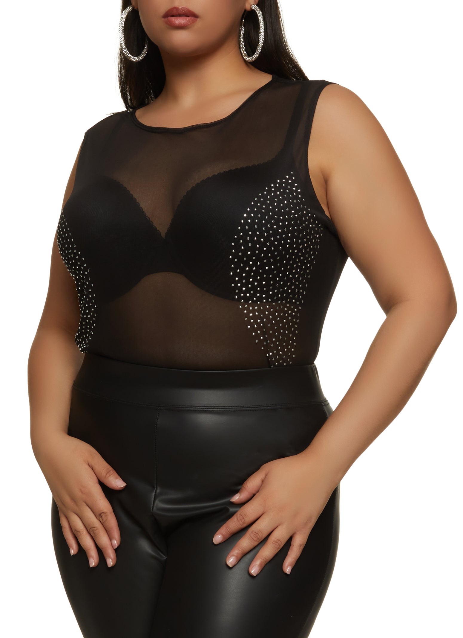 Plus Size Mesh Rhinestone Sleeveless Bodysuit - Black