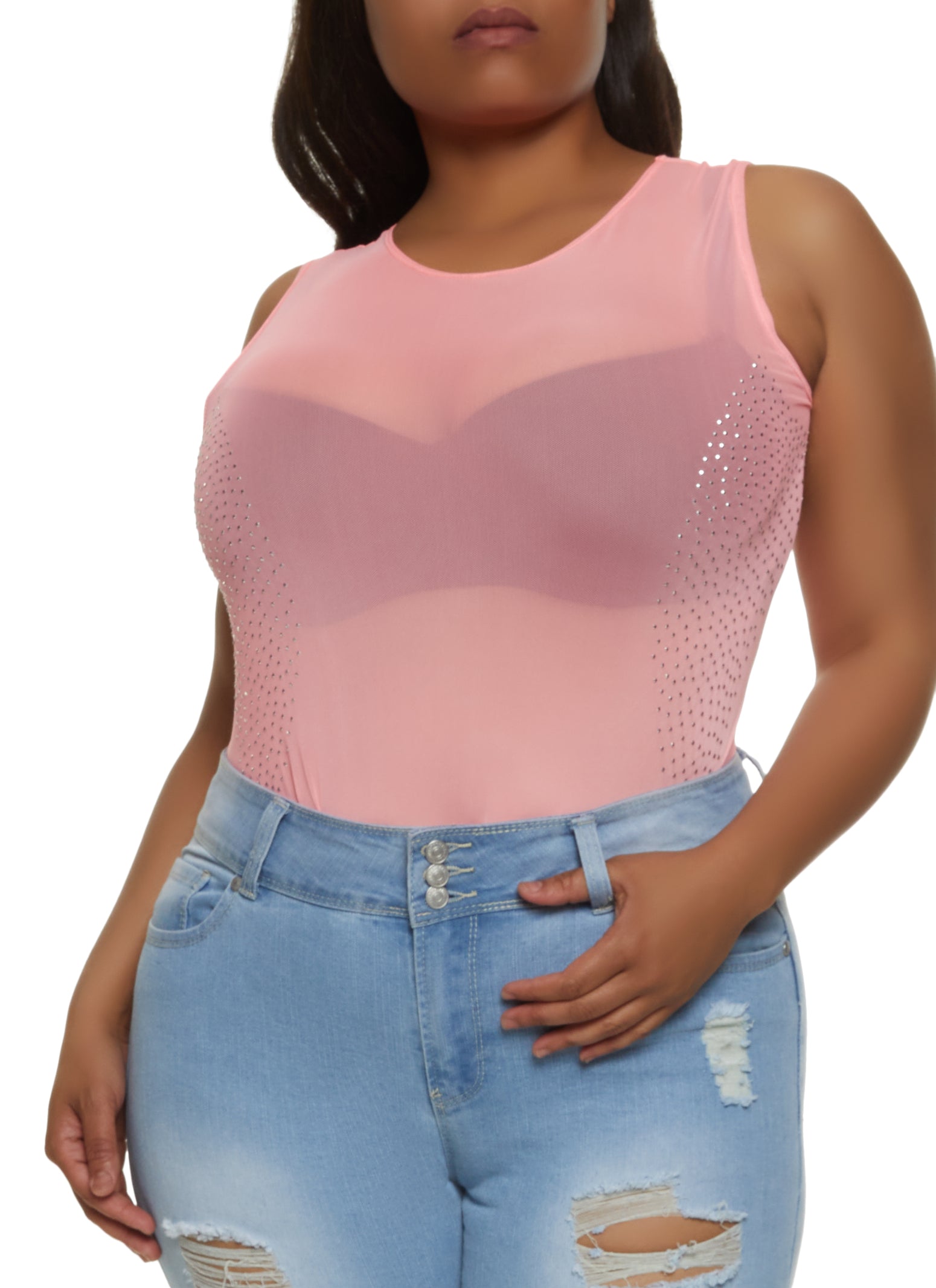 Plus Size Mesh Rhinestone Sleeveless Bodysuit