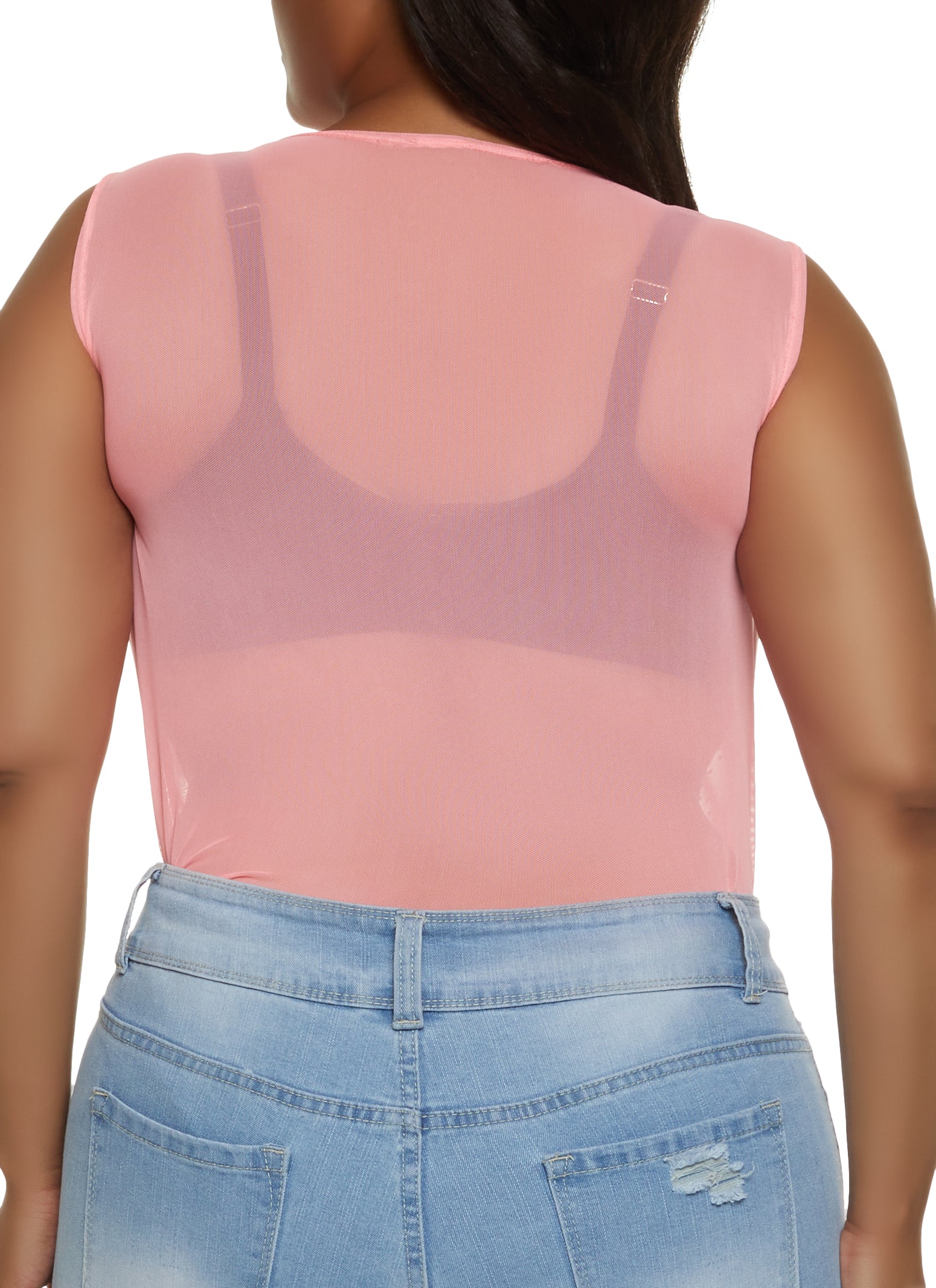 Plus Size Mesh Rhinestone Sleeveless Bodysuit