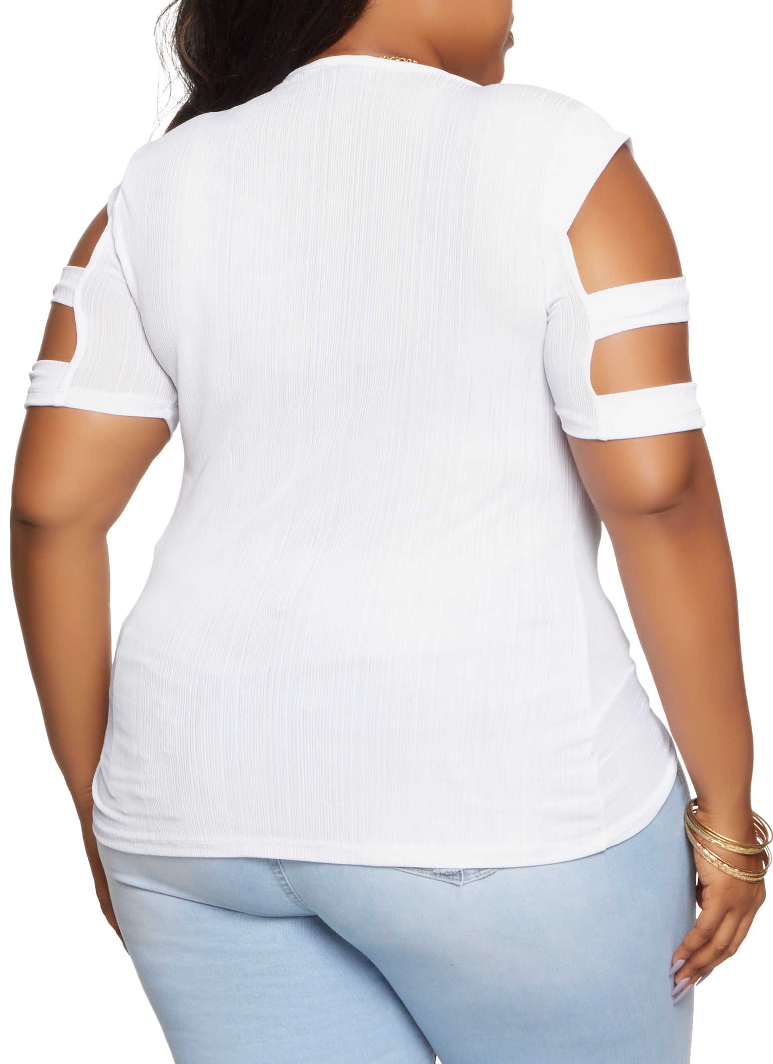 Plus Size Cut Out Sleeve Shadow Stripe Top with Necklace