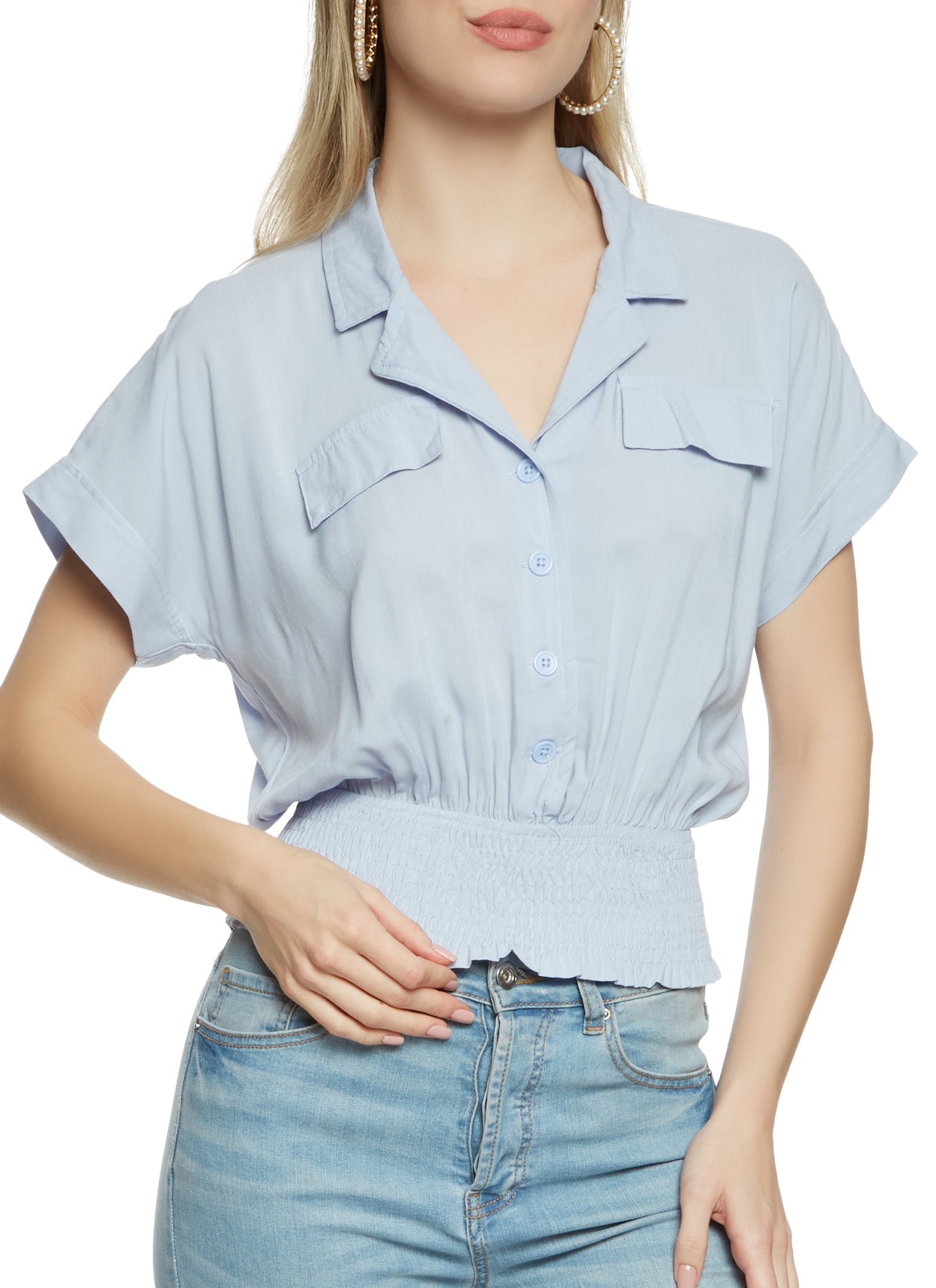 Smocked Hem Button Front Top