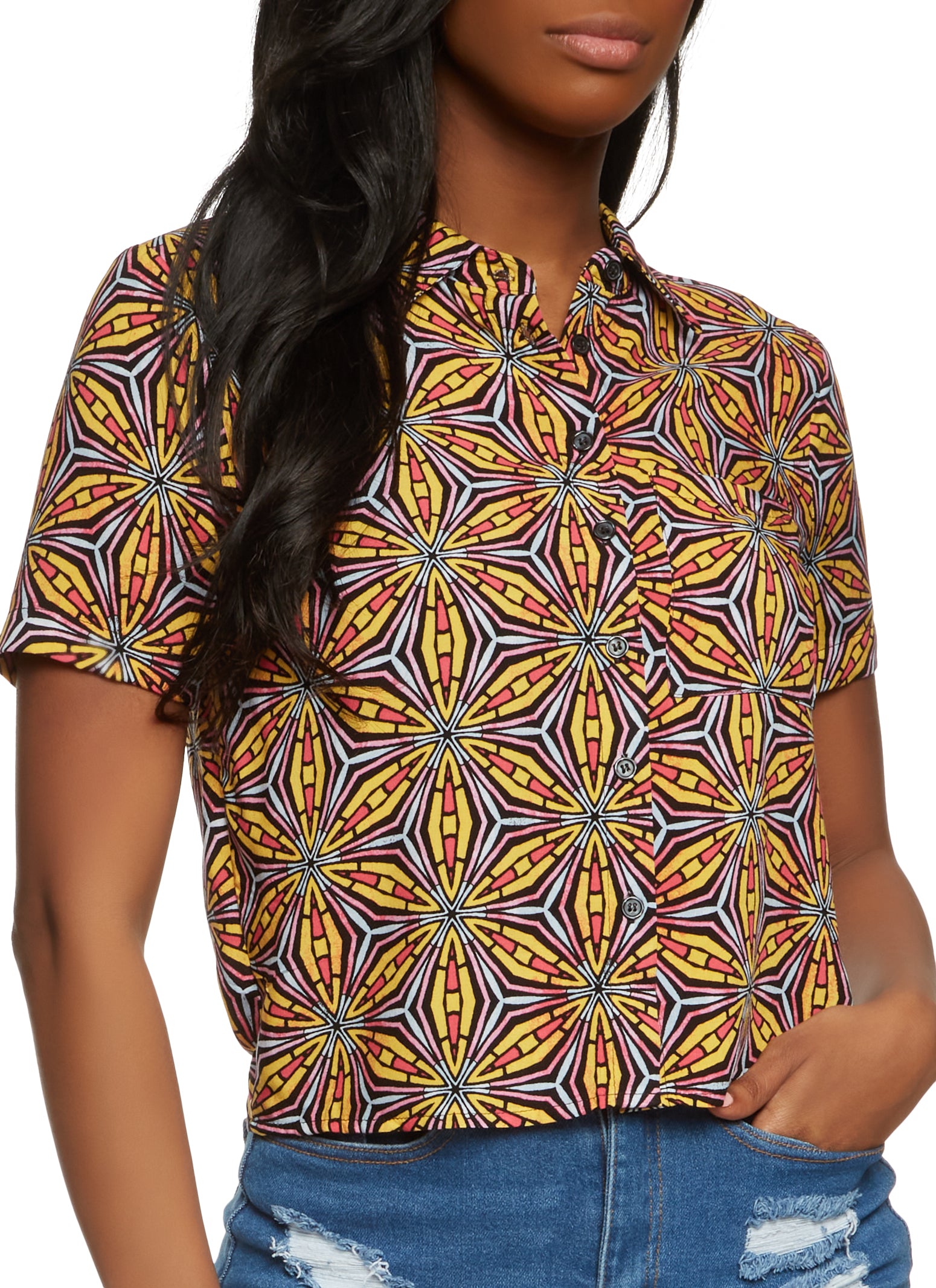 Abstract Printed Button Front One Pocket Shirt
