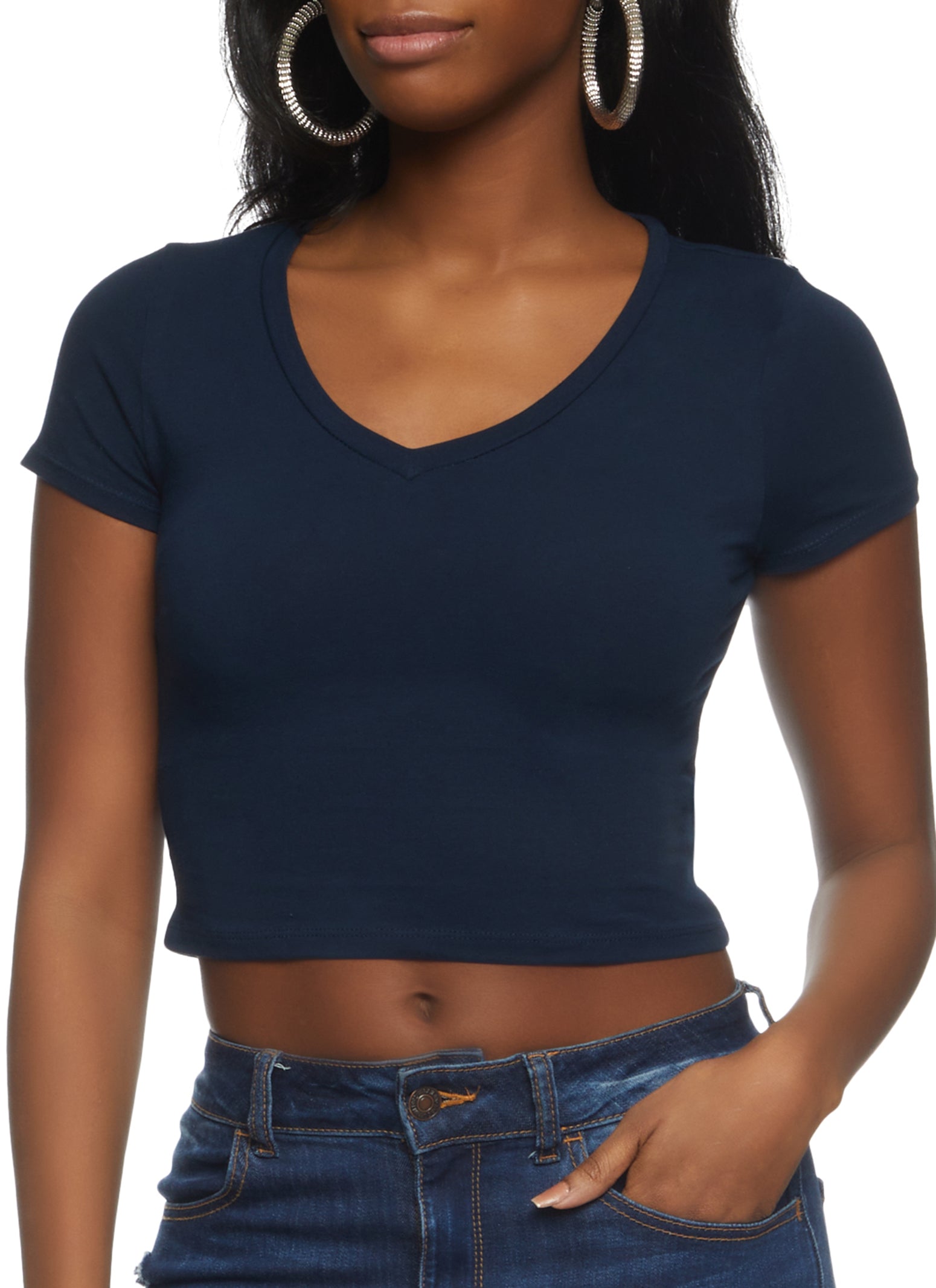 Solid Cropped V Neck Tee