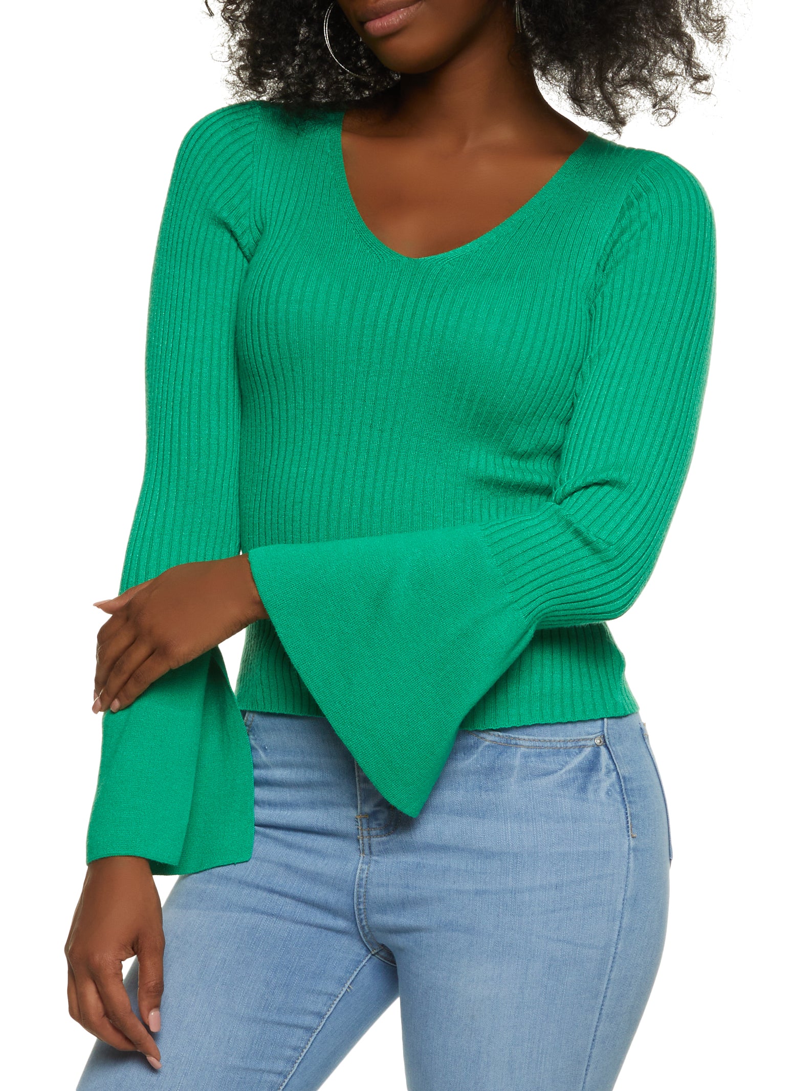 Ribbed Knit Bell Sleeve V Neck Sweater