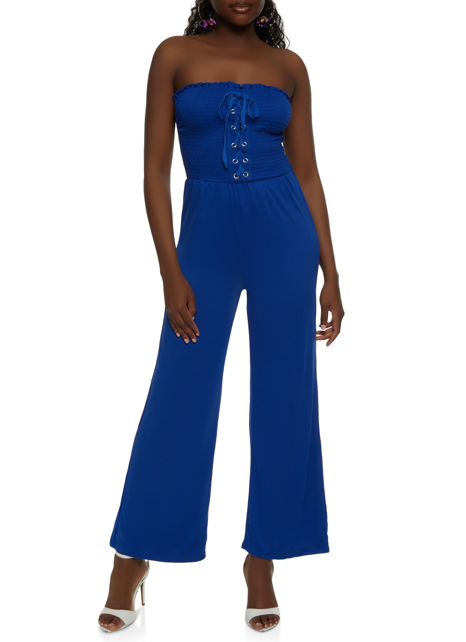 Smocked Lace Up Front Jumpsuit