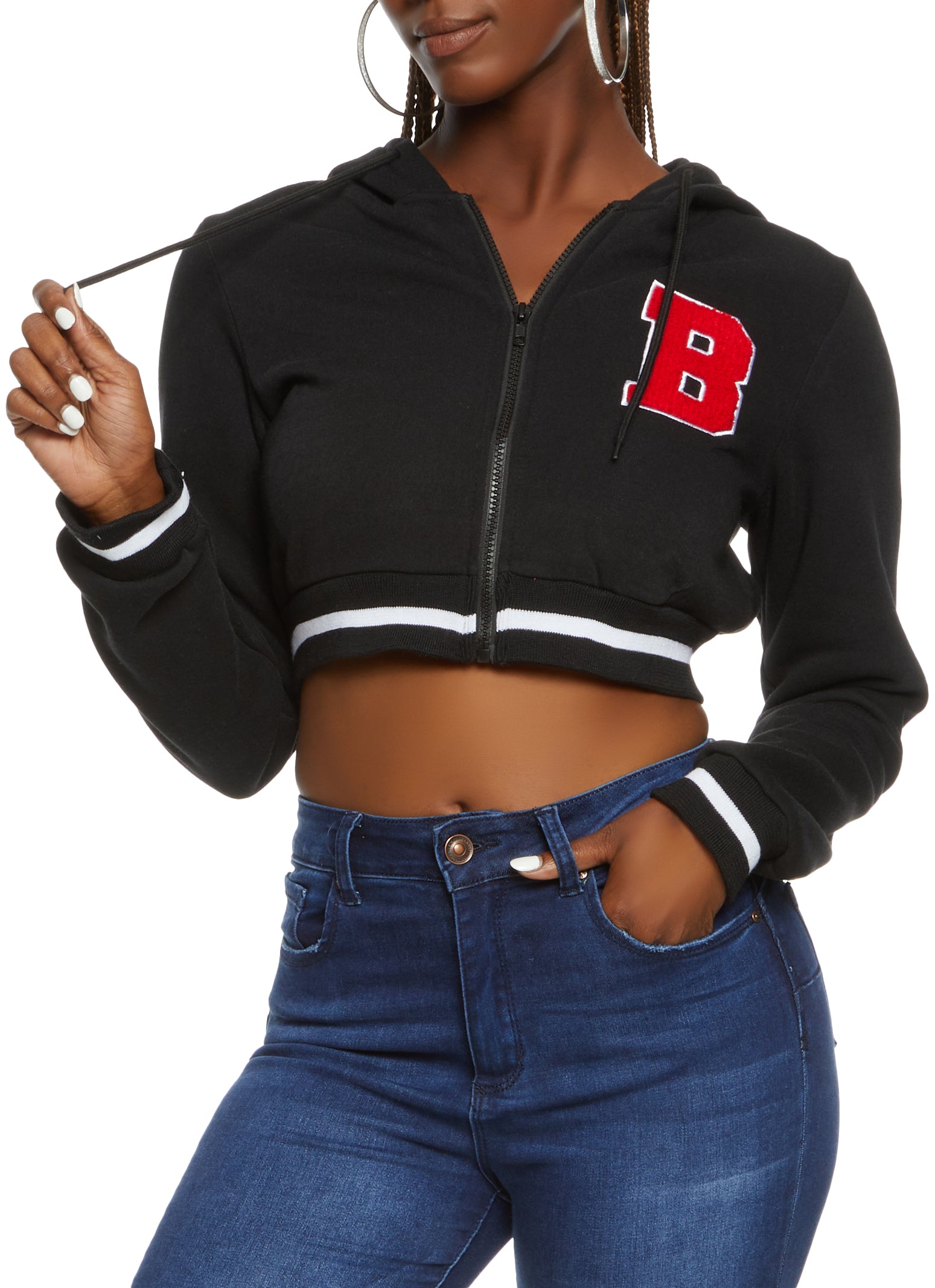 B Initial Chenille Patch Cropped Hoodie - Black